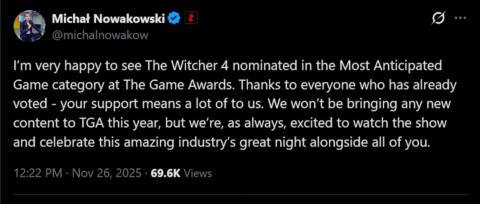Sorry folks, but CD Projekt says it’s not going to surprise us with any breathtaking Witcher 4 moments at The Game Awards