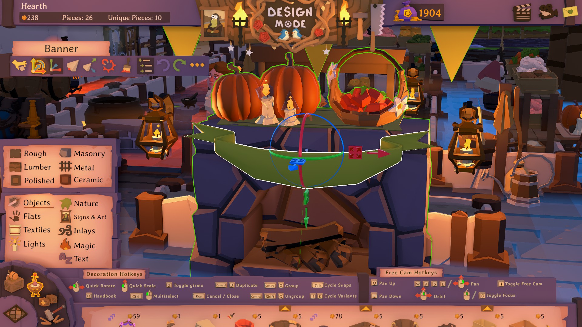 Various examples of furnishings made within Tavern Keeper's decor editor.