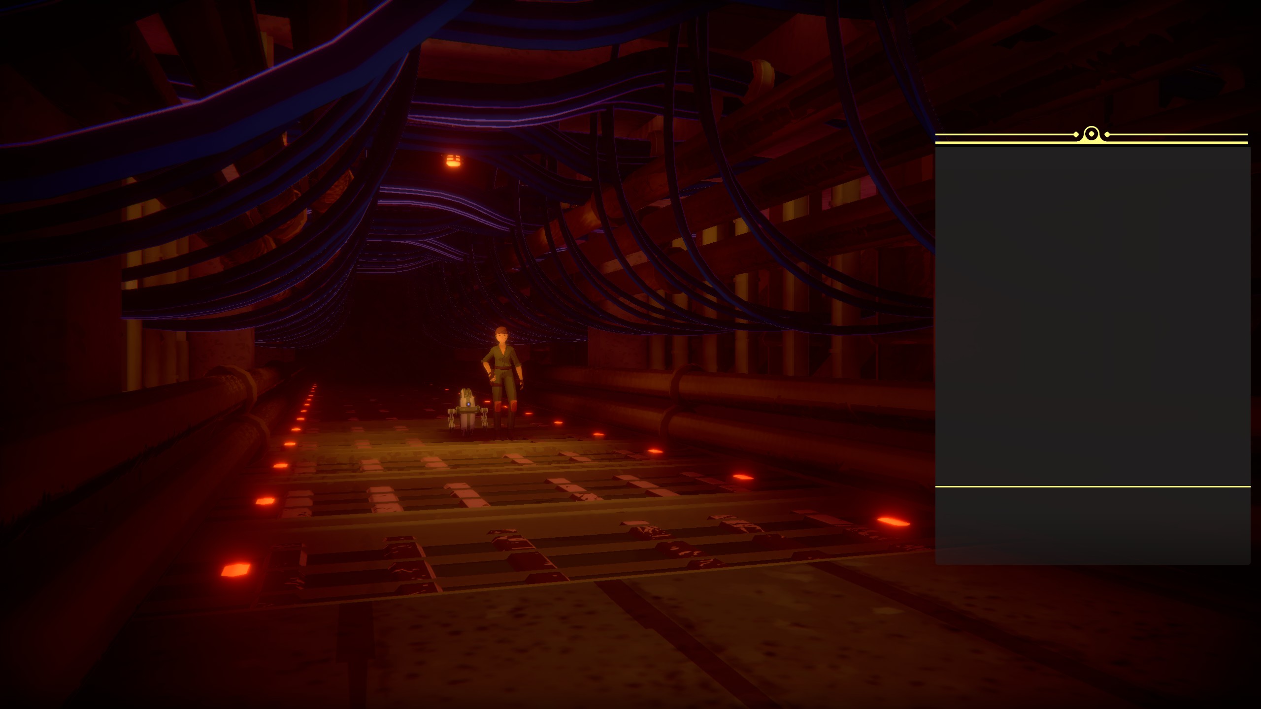 person and robot approaching camera from other end of darkened industrial hallway lit with red safety lights