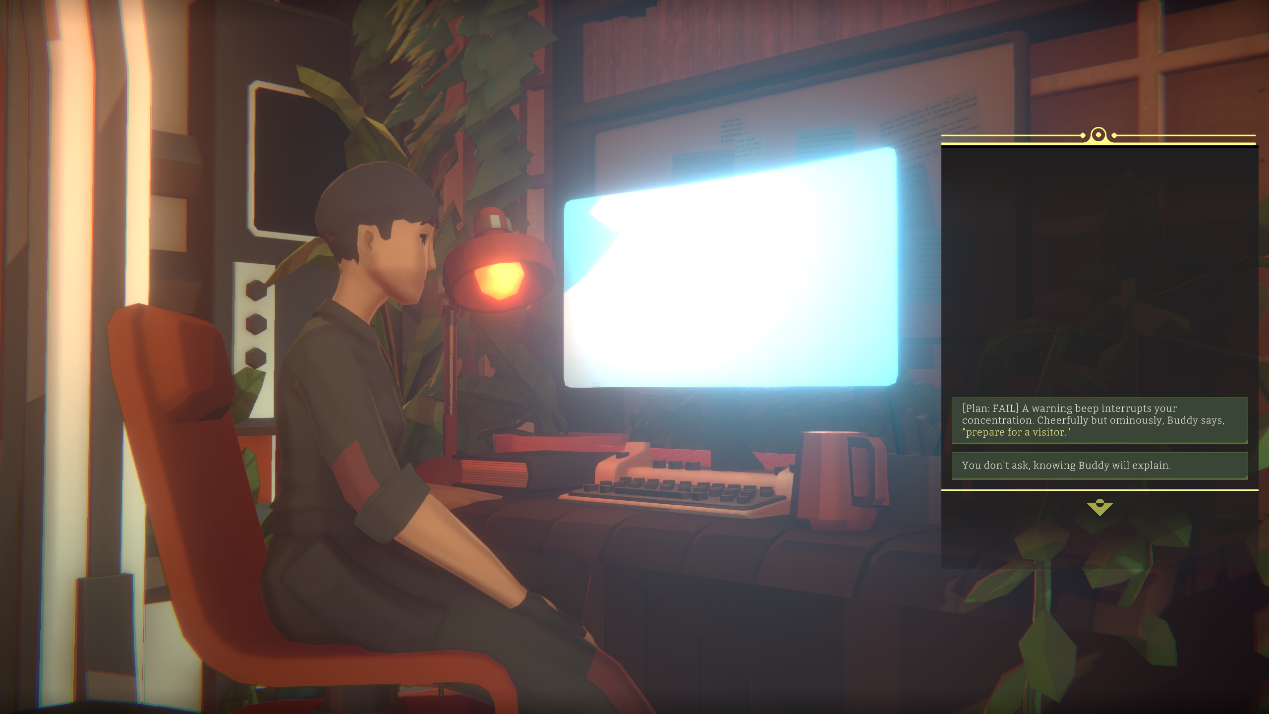 Voxel person in shirtsleeves sitting at desk before large computer monitor and coffee cup