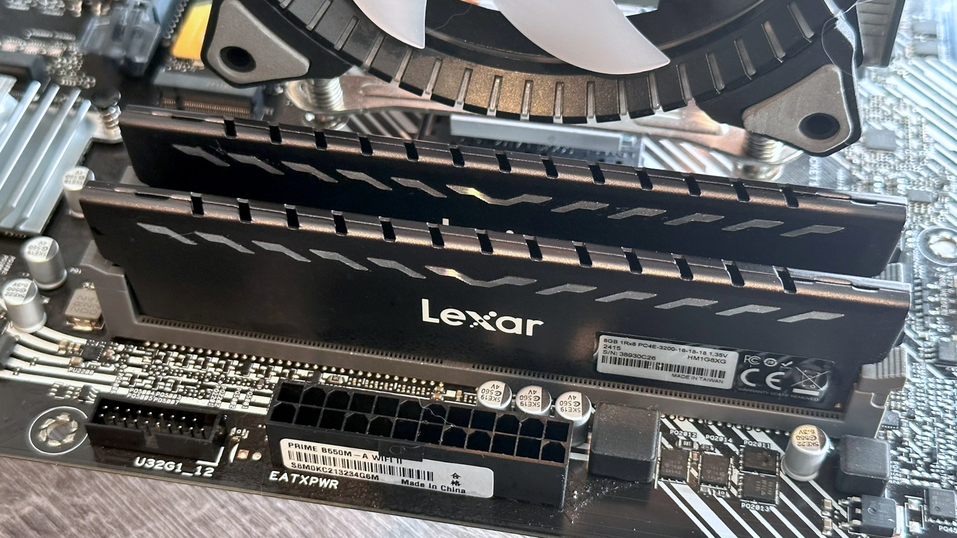A photo of a Lexar dual-channel DDR4 RAM kit, installed in a motherboard.