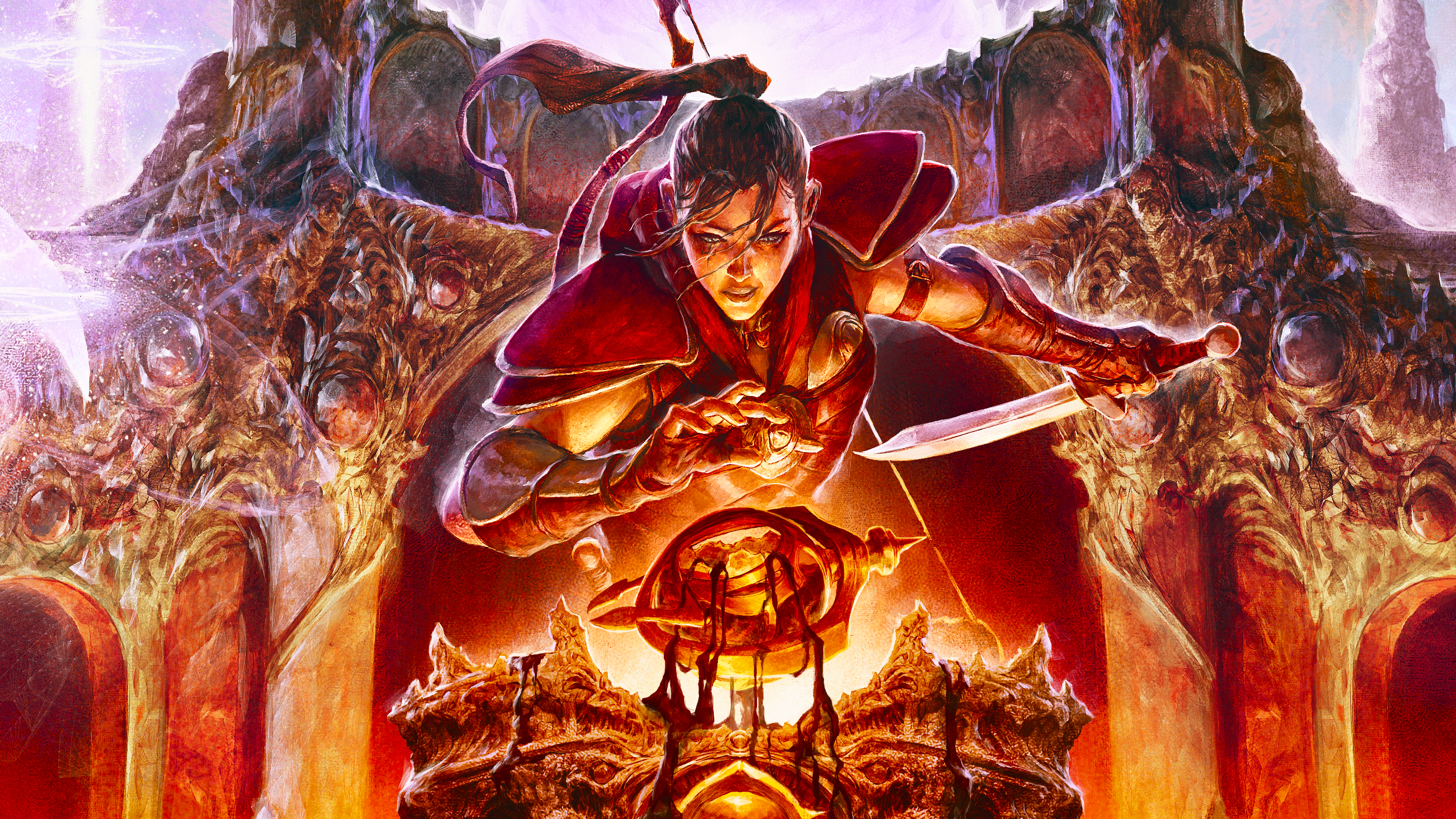 An illustration of a Diablo 4 rogue reaching out to an ancient device with a dagger behind her back.