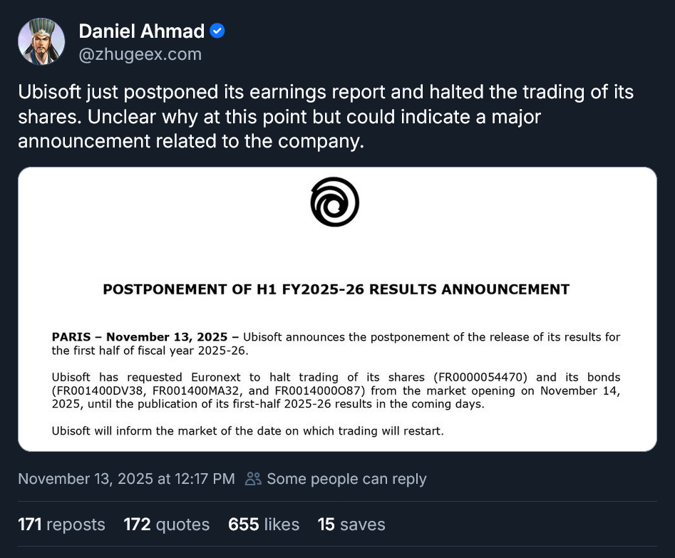 Ubisoft just postponed its earnings report and halted the trading of its shares. Unclear why at this point but could indicate a major announcement related to the company.