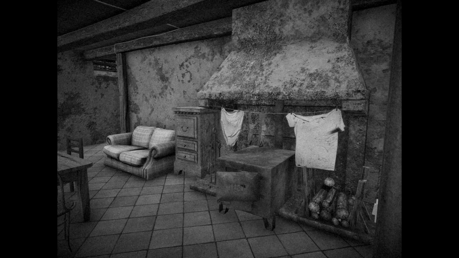 Clothes hang near a fireplace in a farmhouse in Horses.