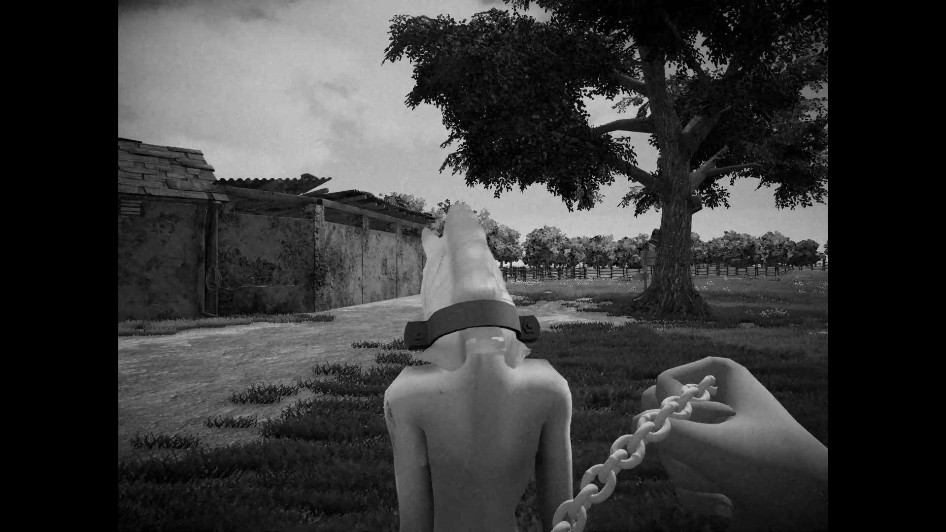 The player leads a nude person wearing a horse mask in Horses.