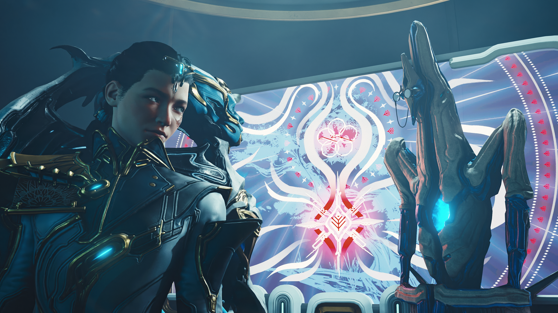 A player's Tenno operator attempts to help Adis pass a quiz in Warframe: The Old Peace.