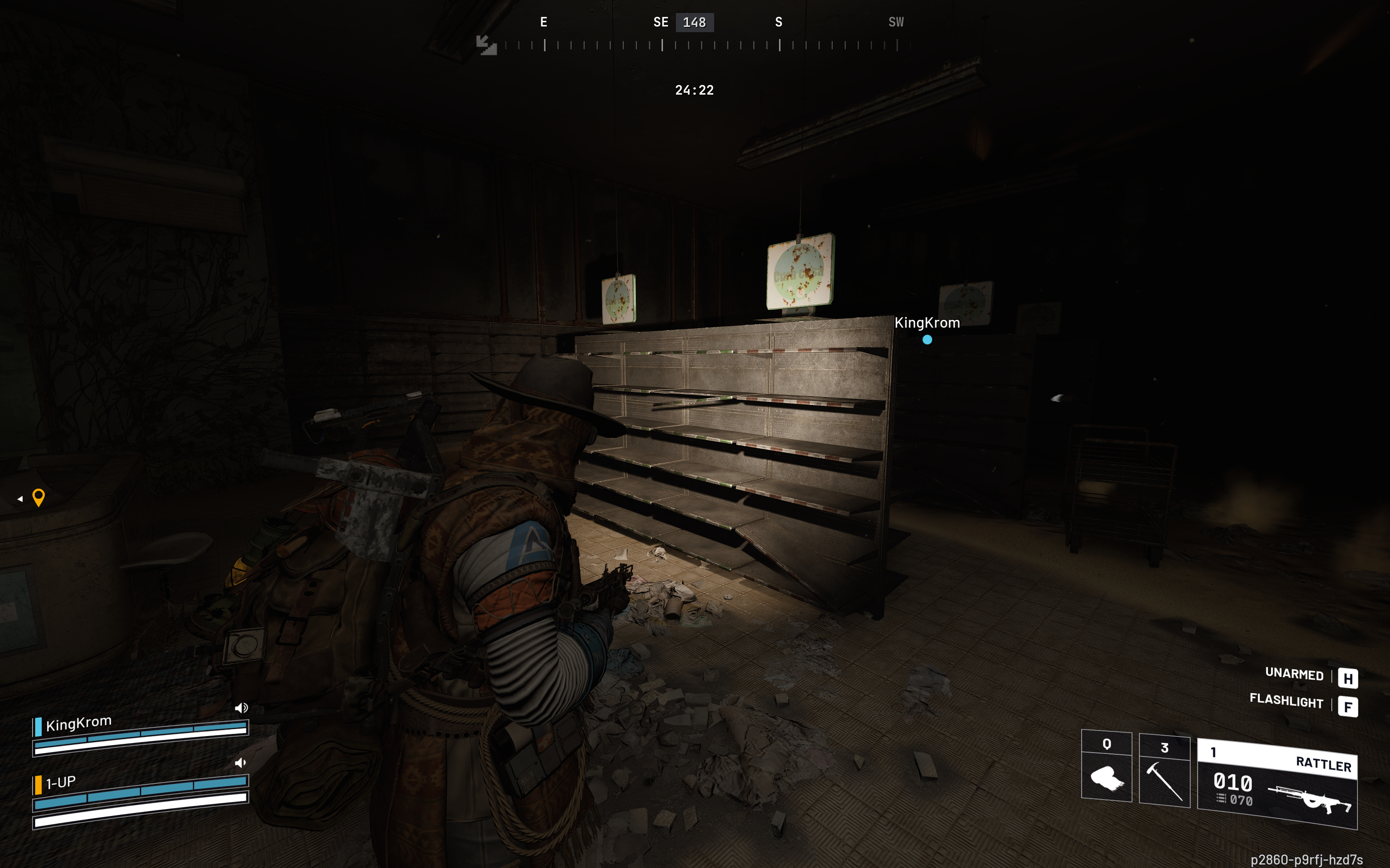 Arc Raiders cat bed location: A player looking at store shelves in a dark shop, using a flashlight.