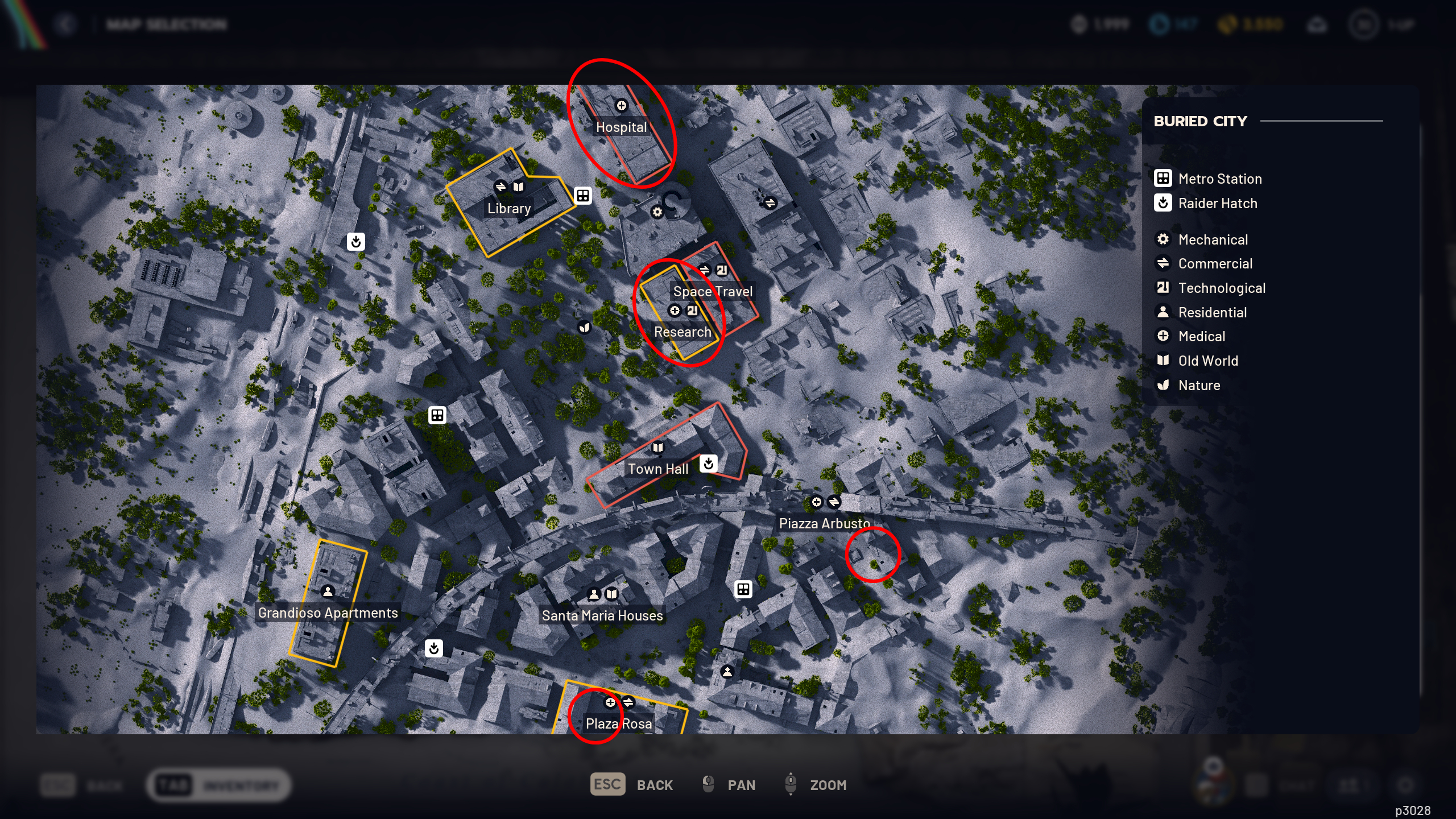 Arc Raiders laboratory reagents: A map of Buried City with four red ovals/circles highlighting key areas to find lab reagents.