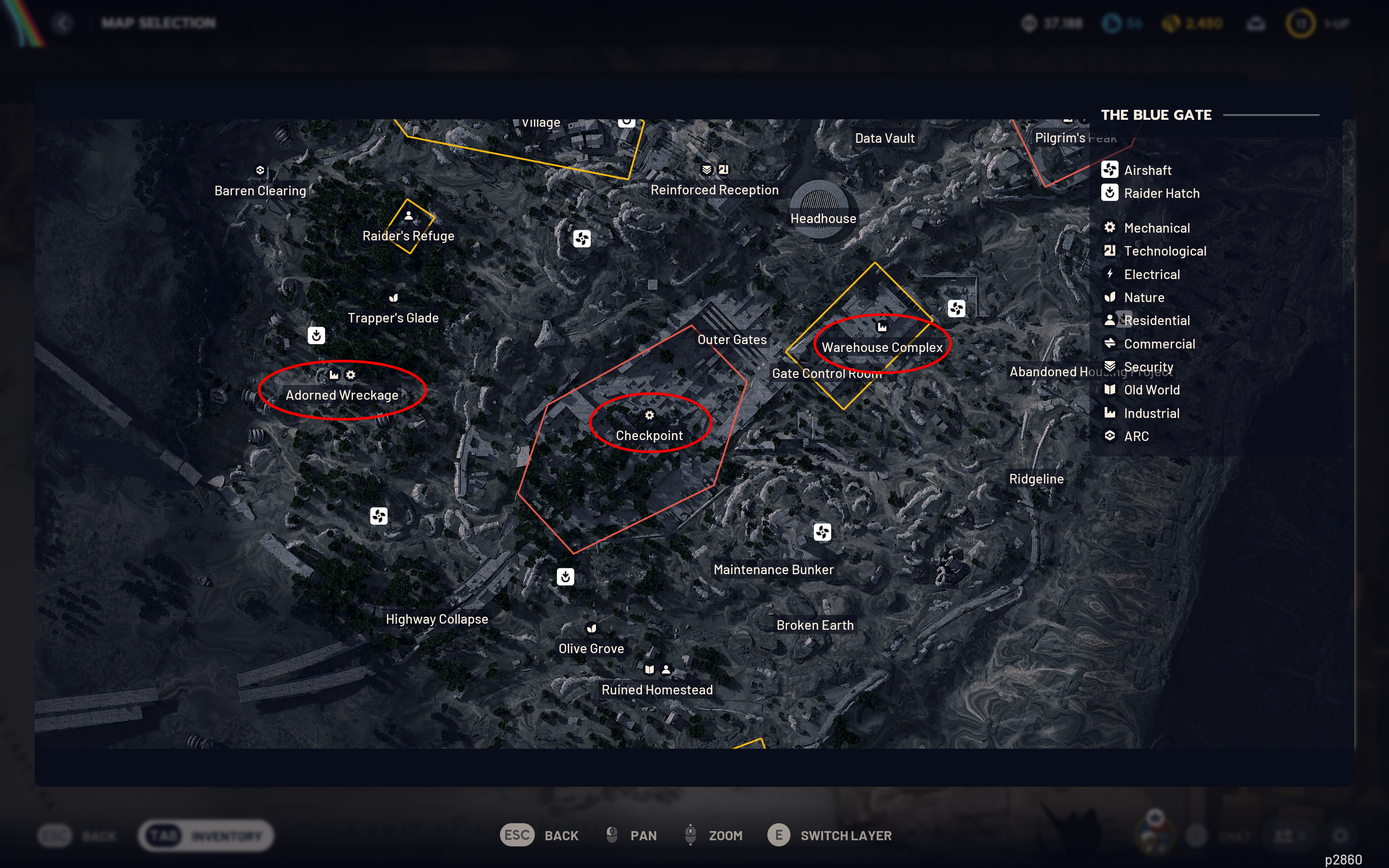 Arc Raiders Rusted Tool locations: A map of Blue Gate with three red ovals showing where to find Rusted Tools.