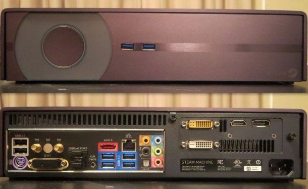 A photograph of the front and rear panels of a prototype Valve Steam Machine from 2013