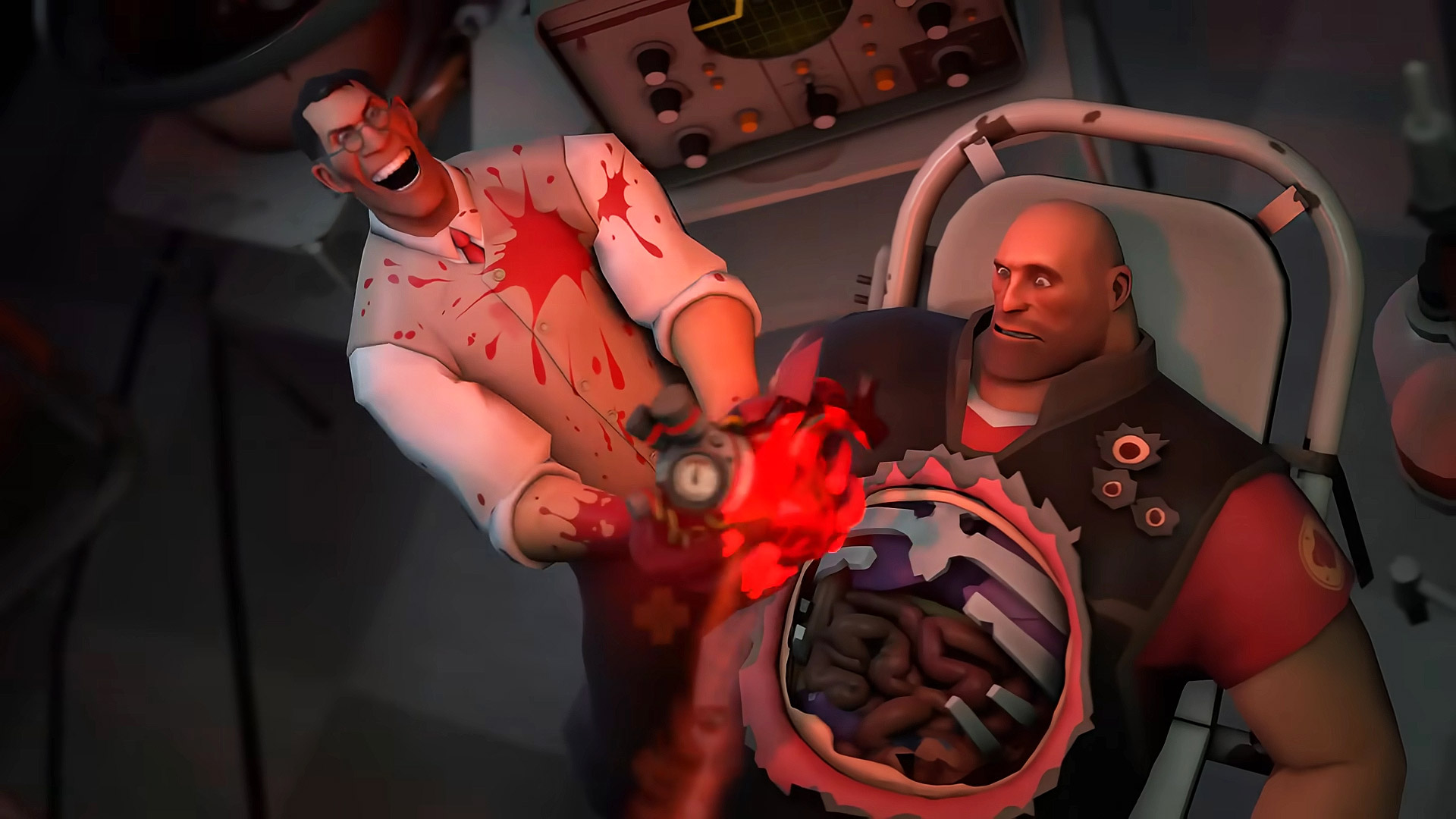 The medic from Team Fortress 2 operating on the Heavy