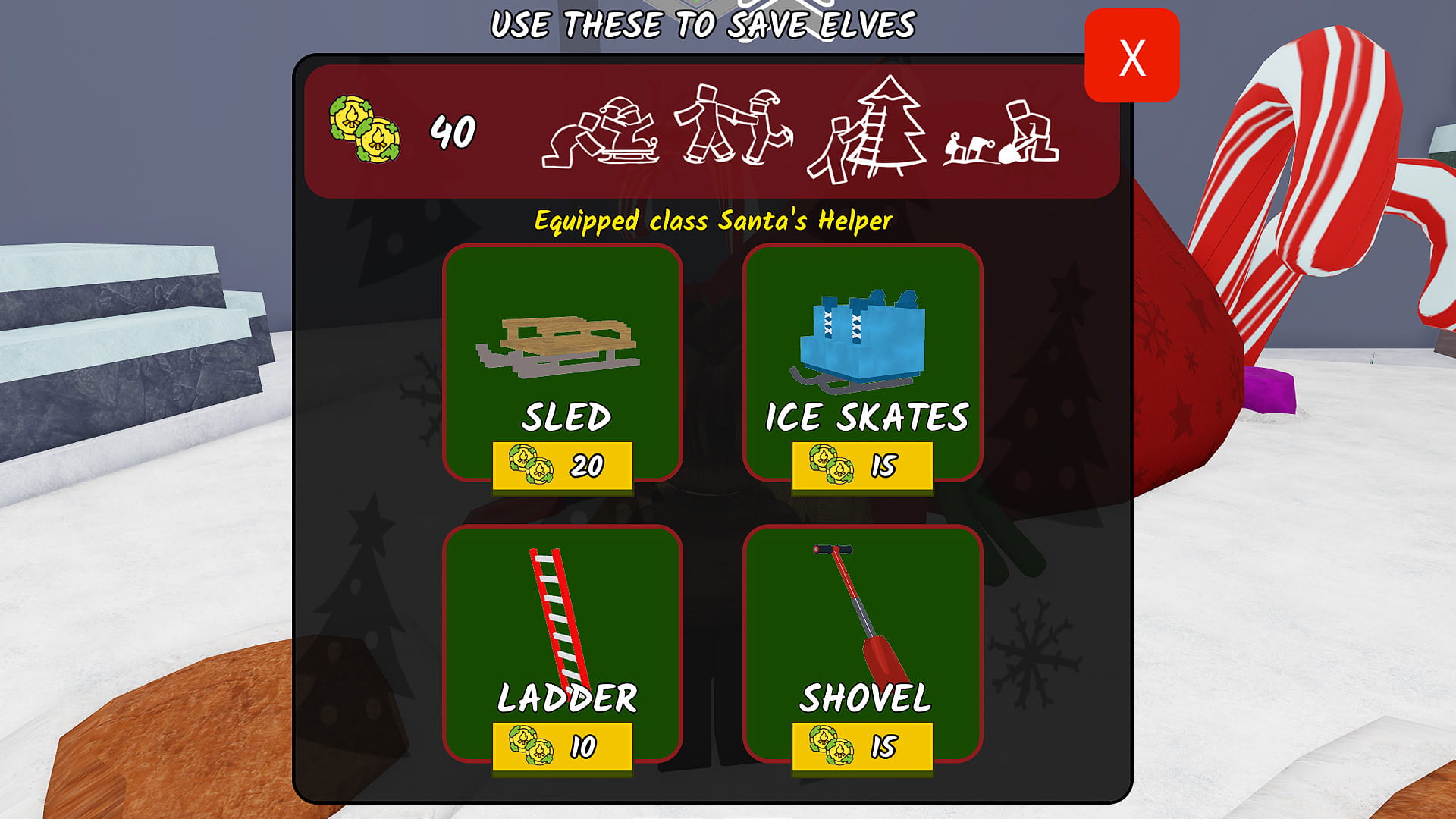 The in-game shop for 99 Nights in the Forest Christmas update, showing the Sled, Ice Skates, Ladder, and Shovel for sale in exchange for coins.