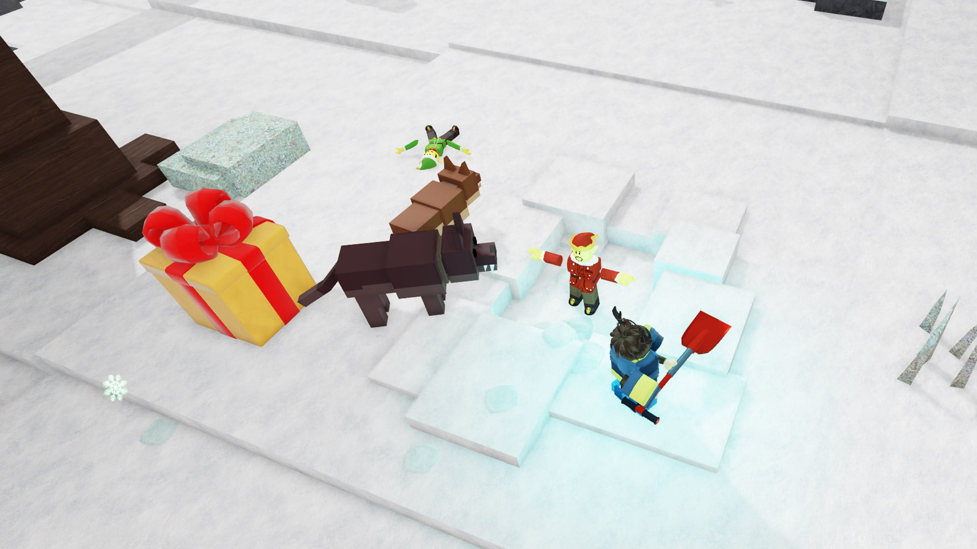 A Roblox player digging an elf out of the snow from the 99 Nights in the Forest Christmas event. 