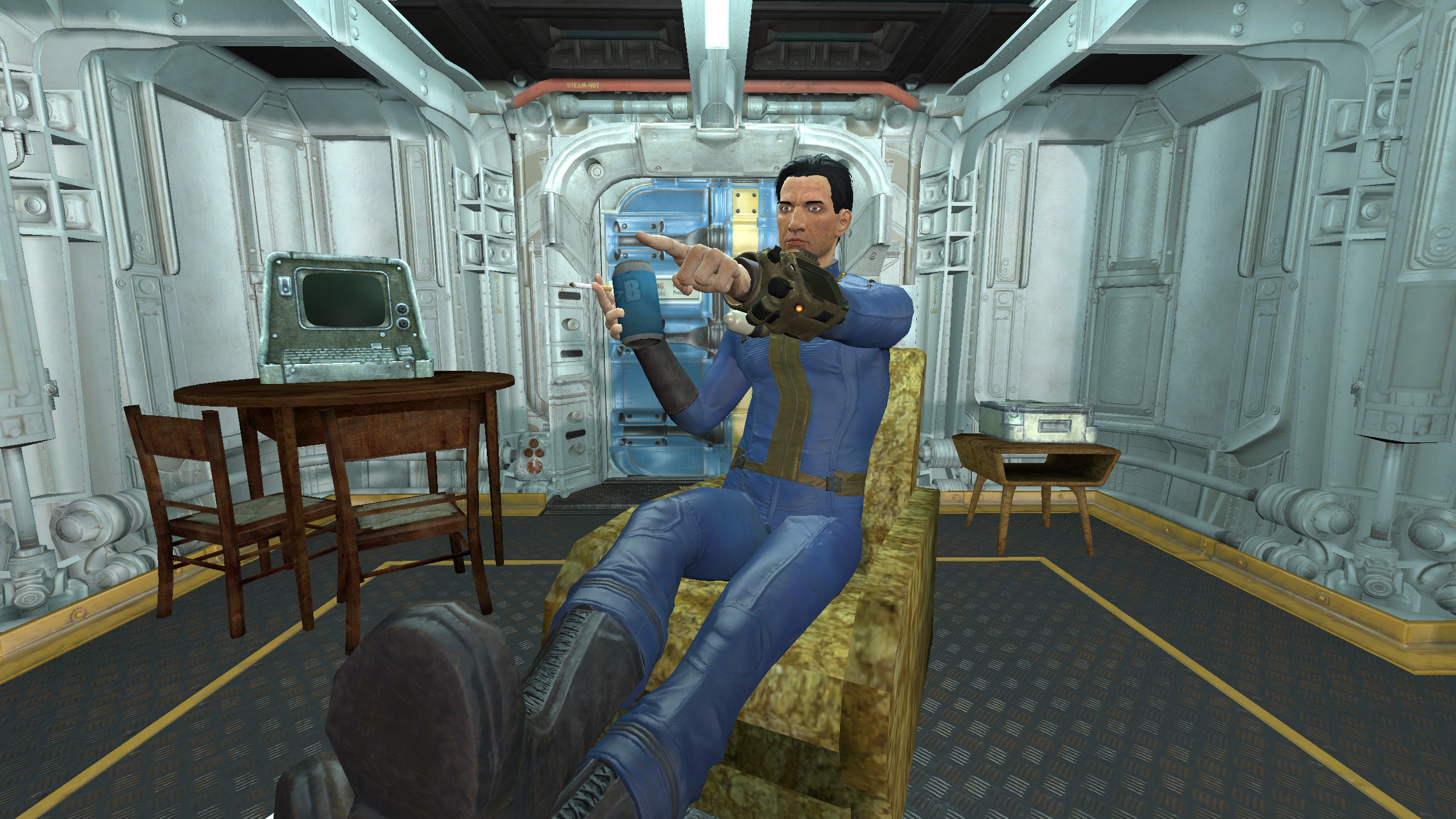 The Fallout 4 character holding a drink and ciggy and pointing like the Leonardo DiCaprio meme