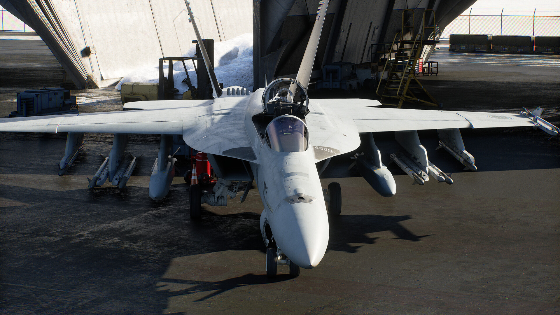 A fighter jet at rest on tarmac with its canopy open in Ace Combat 8.