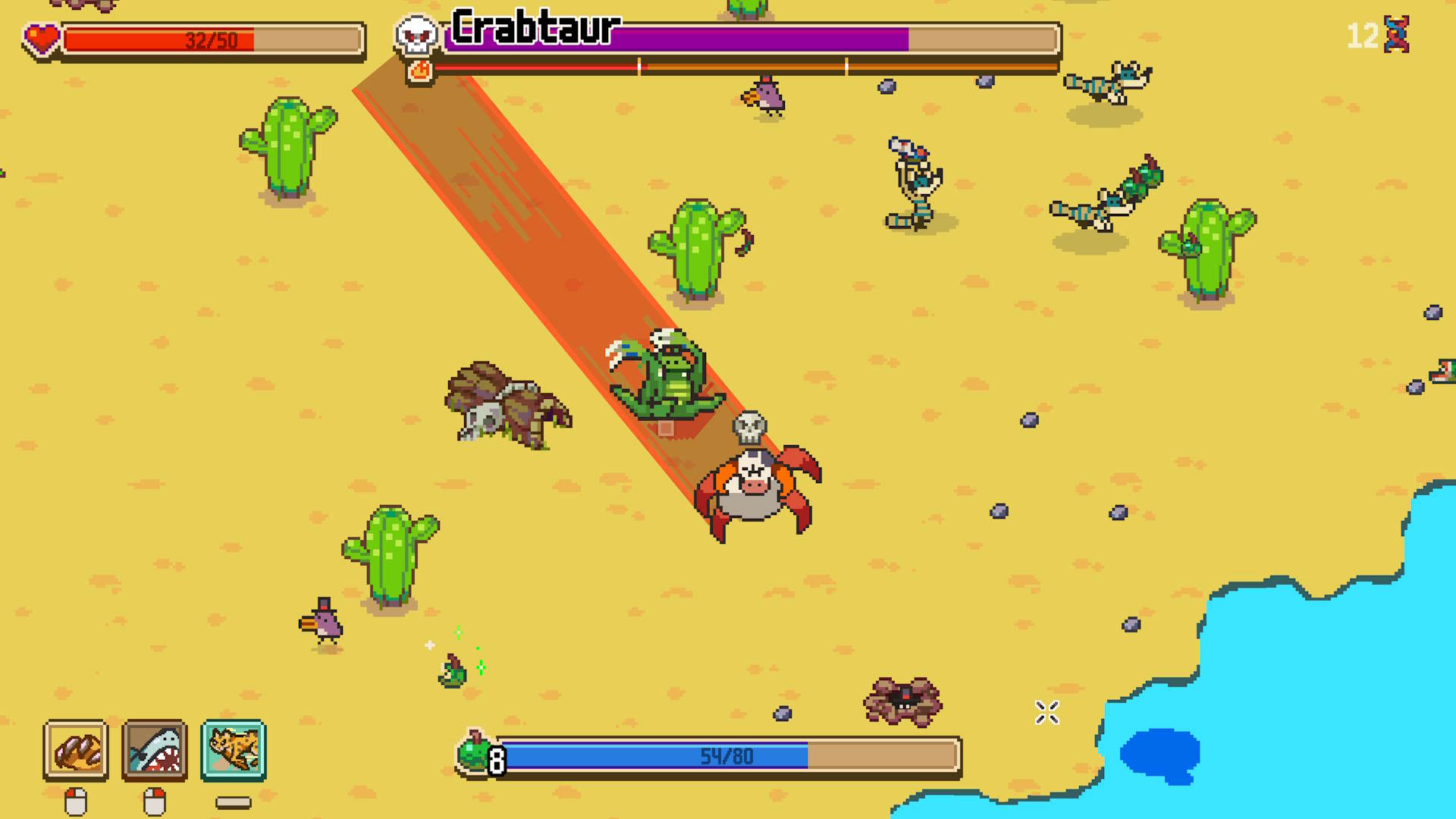 Battling a crabtaur in the desert in Everything is Crab.