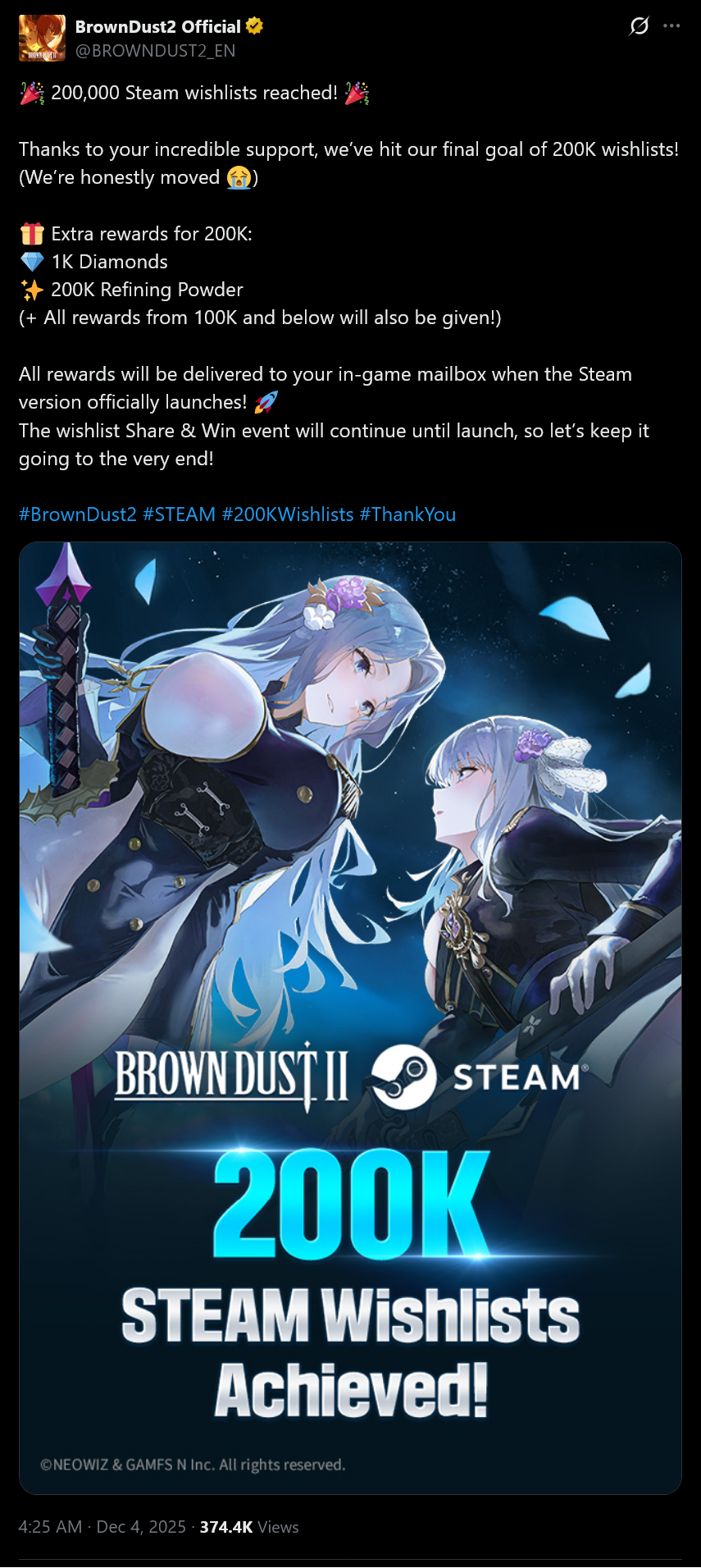 200,000 Steam wishlists reached! Thanks to your incredible support, we've hit our final goal of 200K wishlists! (We're honestly moved)