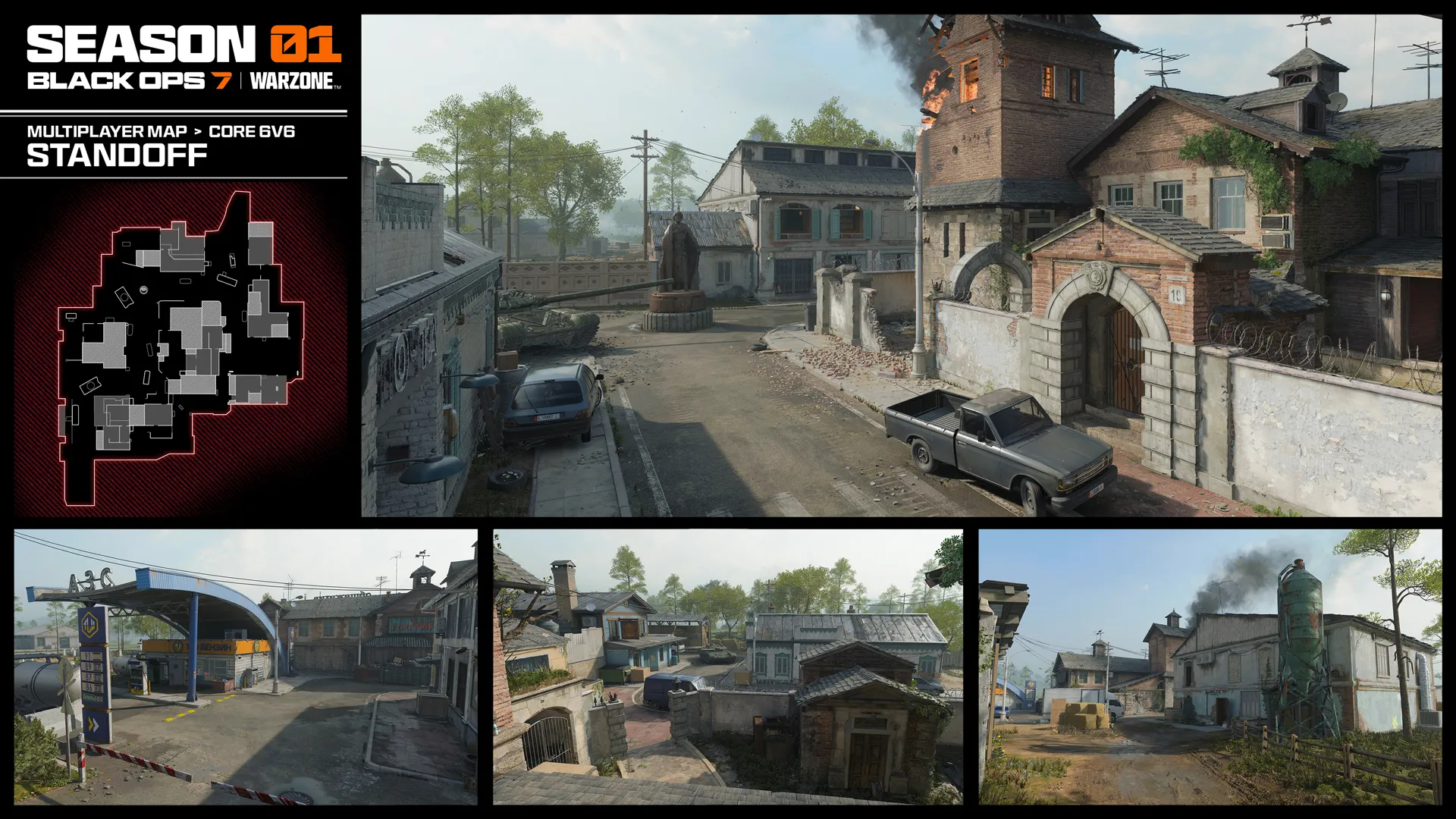 Black Ops 7 Season 1: An official gallery overview image for the Standoff map, showing multiple different angles and locations.