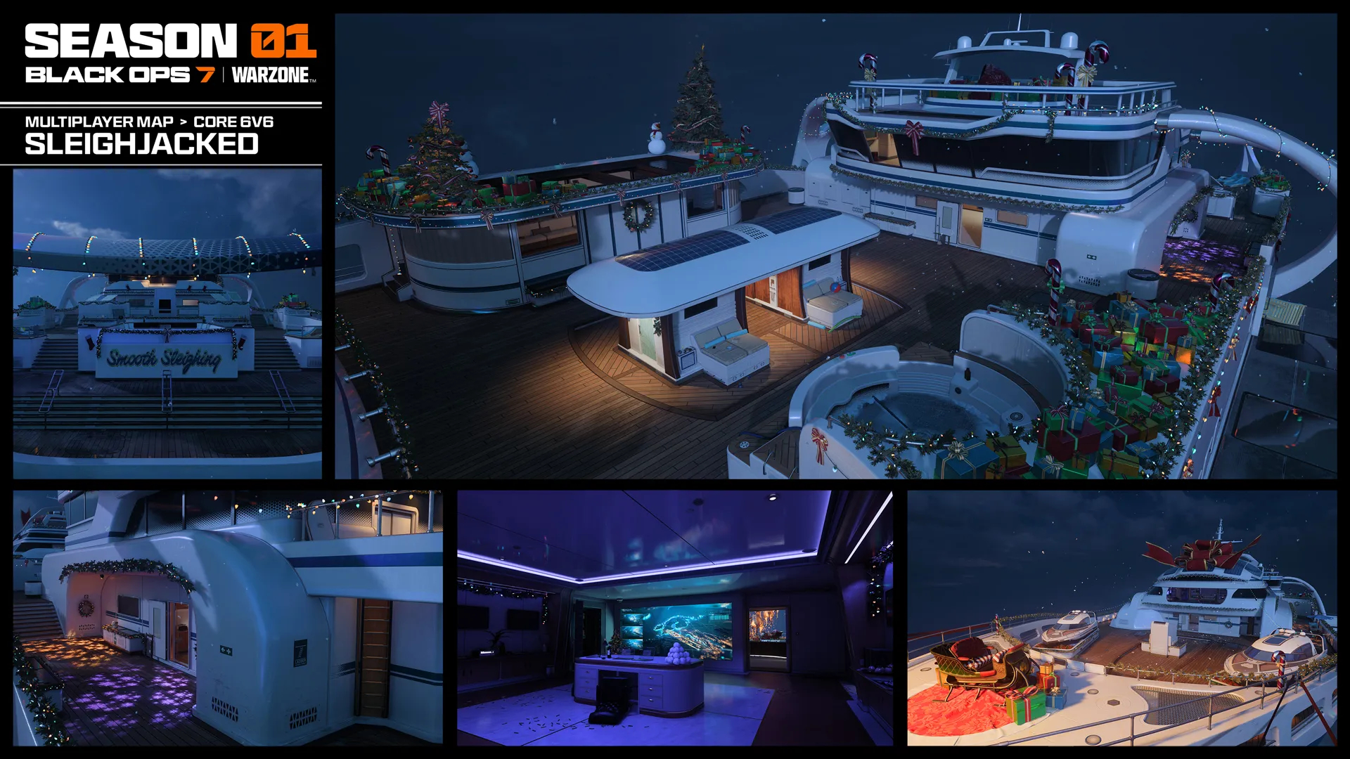Black Ops 7 Season 1: An official gallery overview image for the Sleighjacked map, showing multiple different angles and locations.