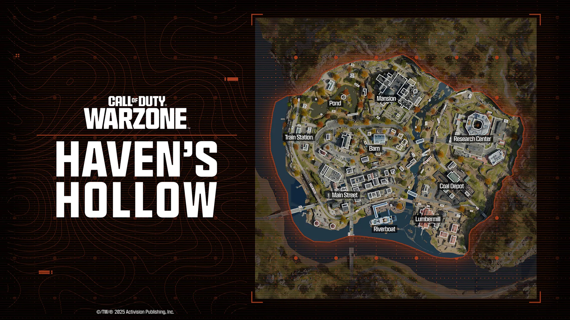 Black Ops 7 Season 1: A map overview image of the new Haven's Hollow Warzone map, showing all the named locations.