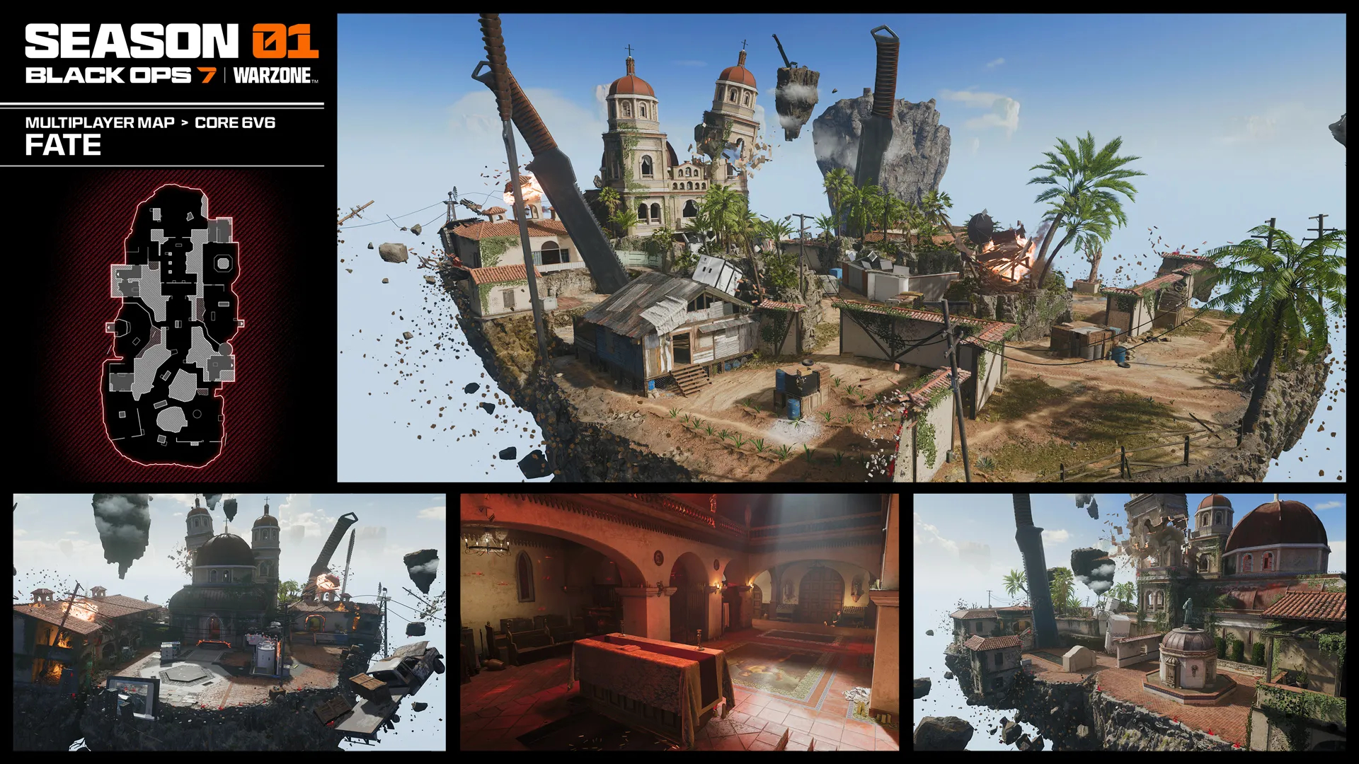 Black Ops 7 Season 1: An official gallery overview image for the Fate map, showing multiple different angles and locations.