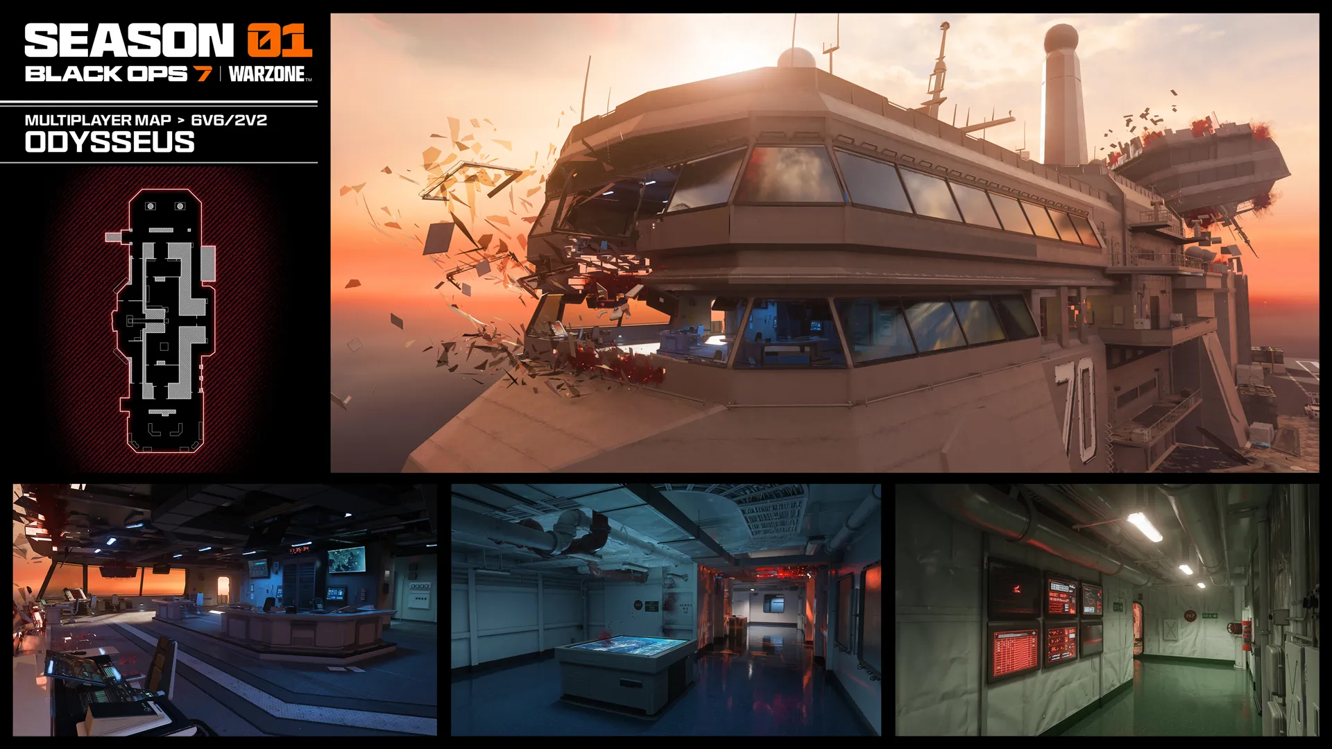 Black Ops 7 Season 1: An official gallery overview image for the Odysseus map, showing multiple different angles and locations.