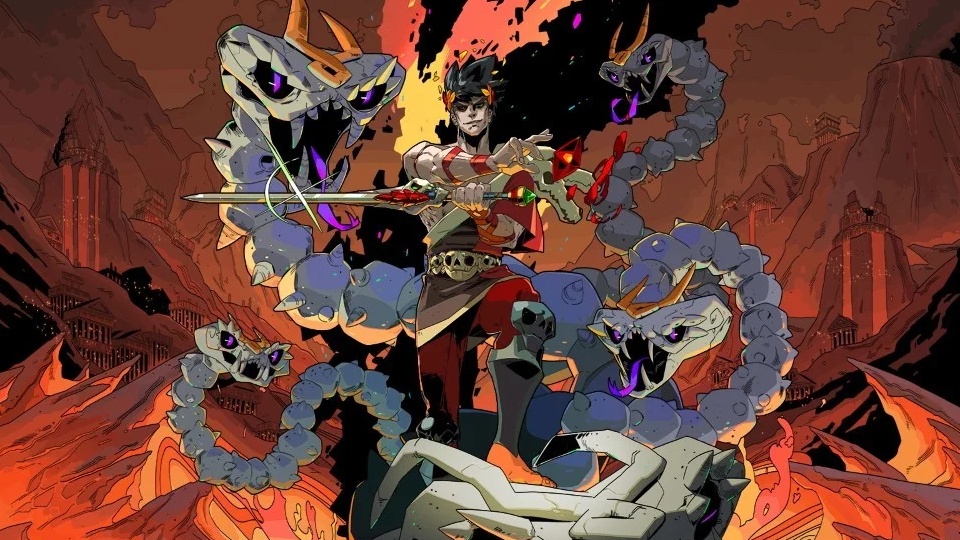 Zagreus from Hades stands atop a monstrous snake.