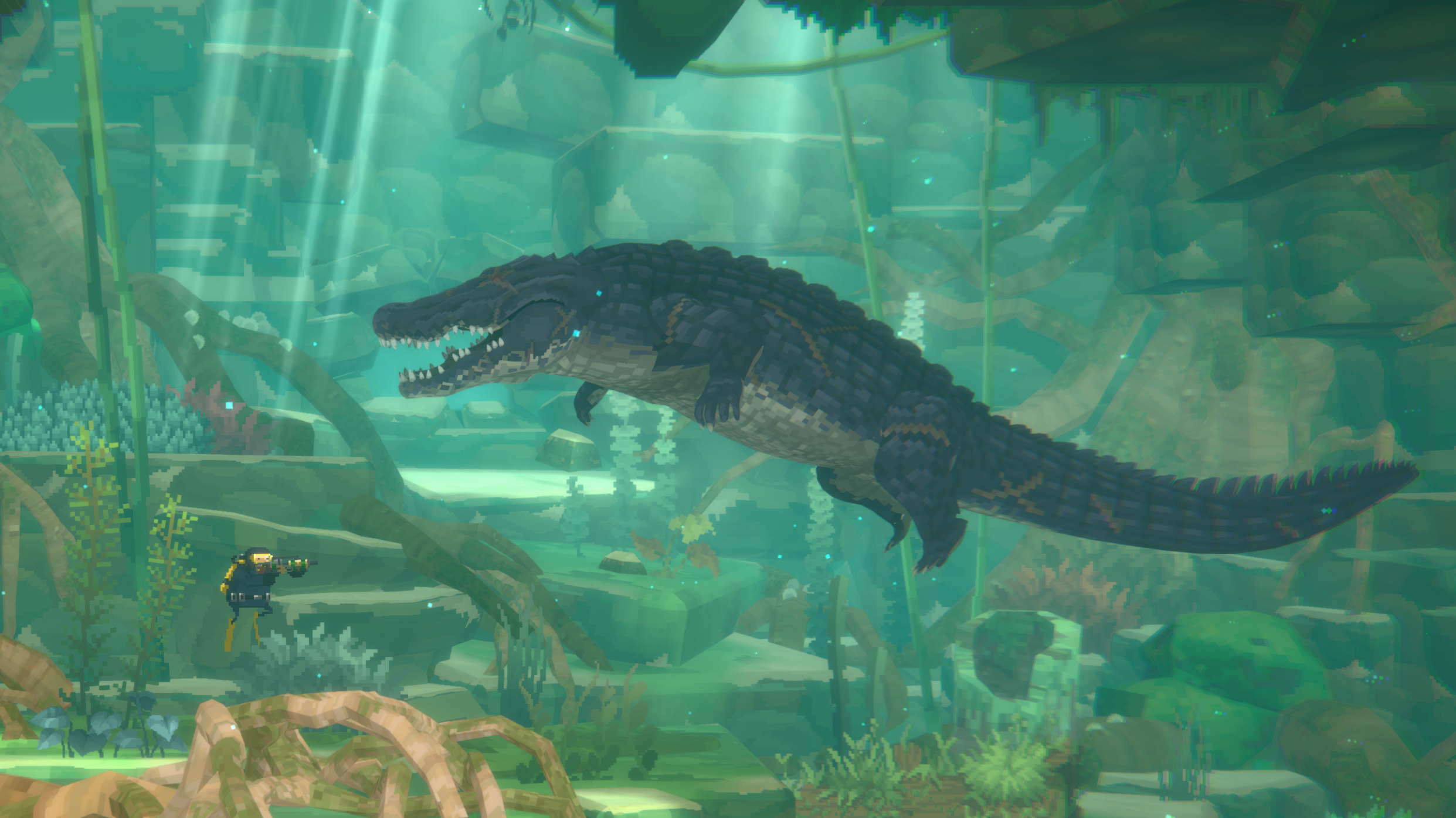 Dave the Diver fighting a crocodile