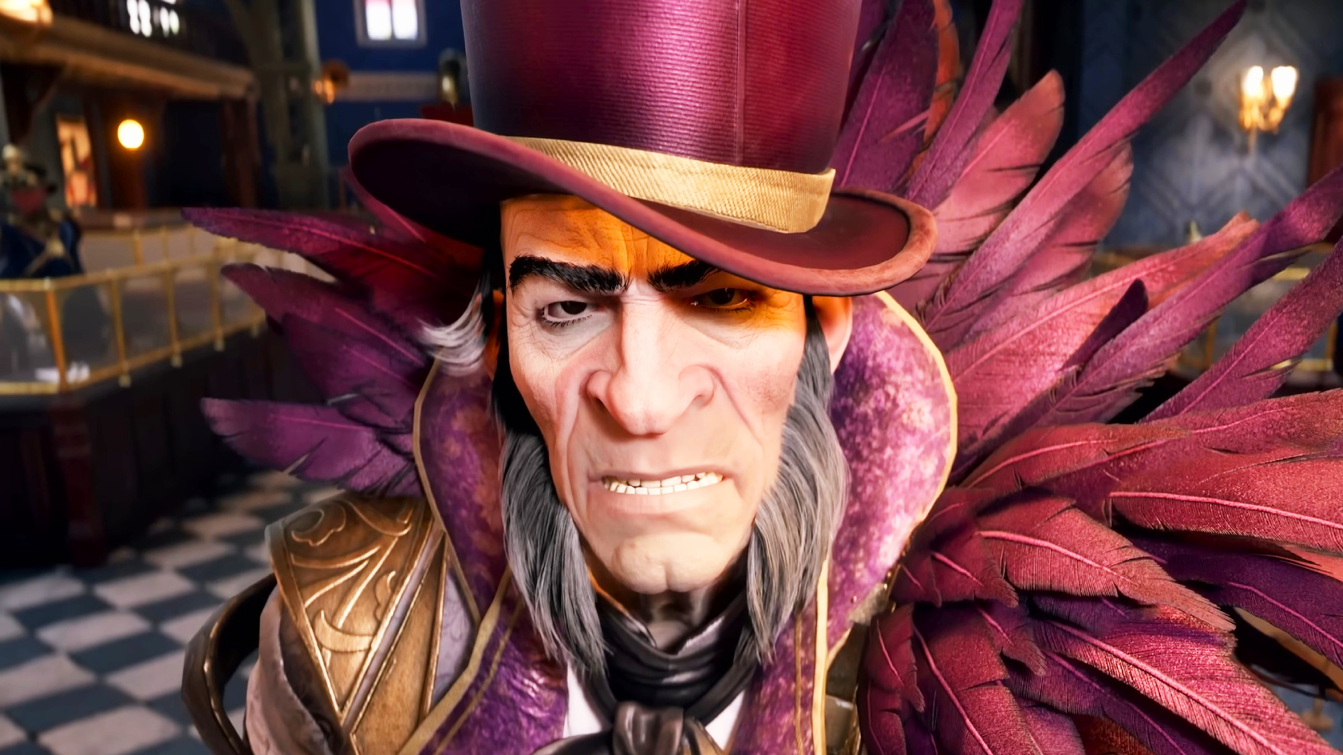 A man with a violet top hat and a feathered collar looks angrily at the viewer