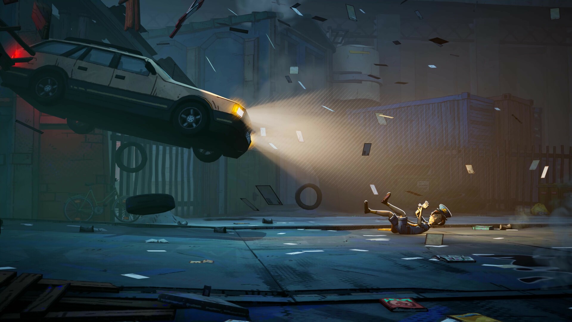 A postman about to be hit by a car