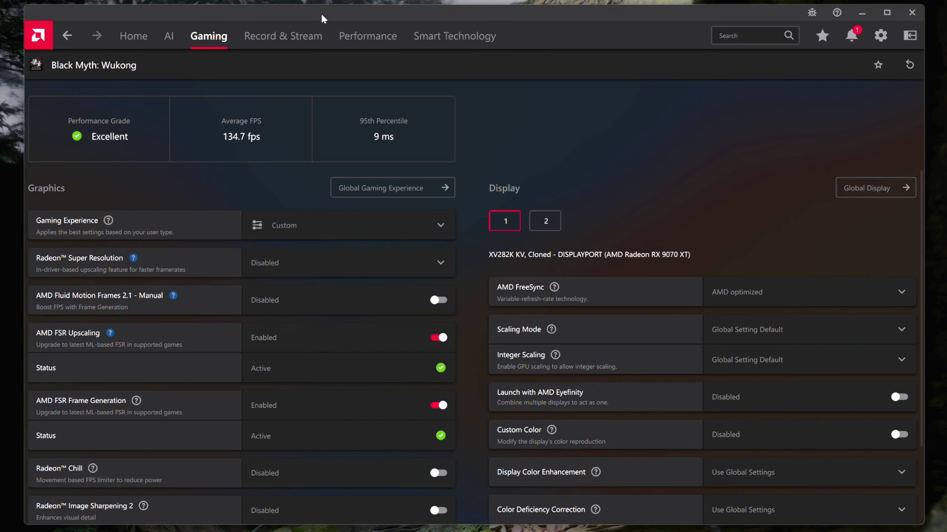 A screenshot of AMD's Adrenalin Software, showing the FSR settings that can be enabled for a game.