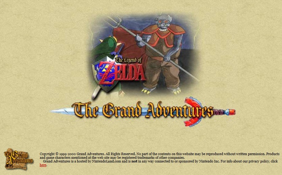 Zelda: The Grand Adventures fansite landing page