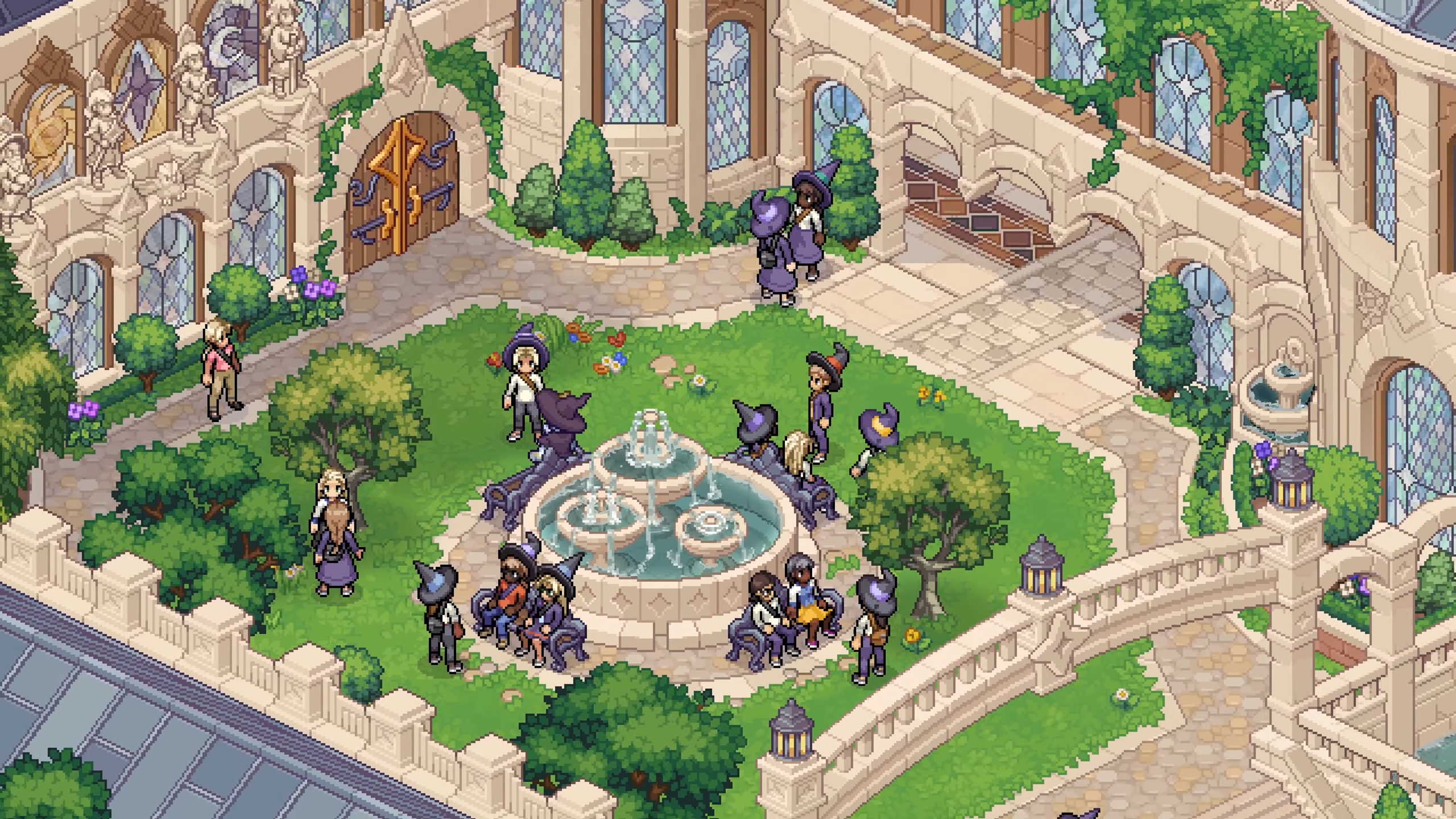 Witchbrook - Several students in magical hats and robes congregate in a grassy school courtyard