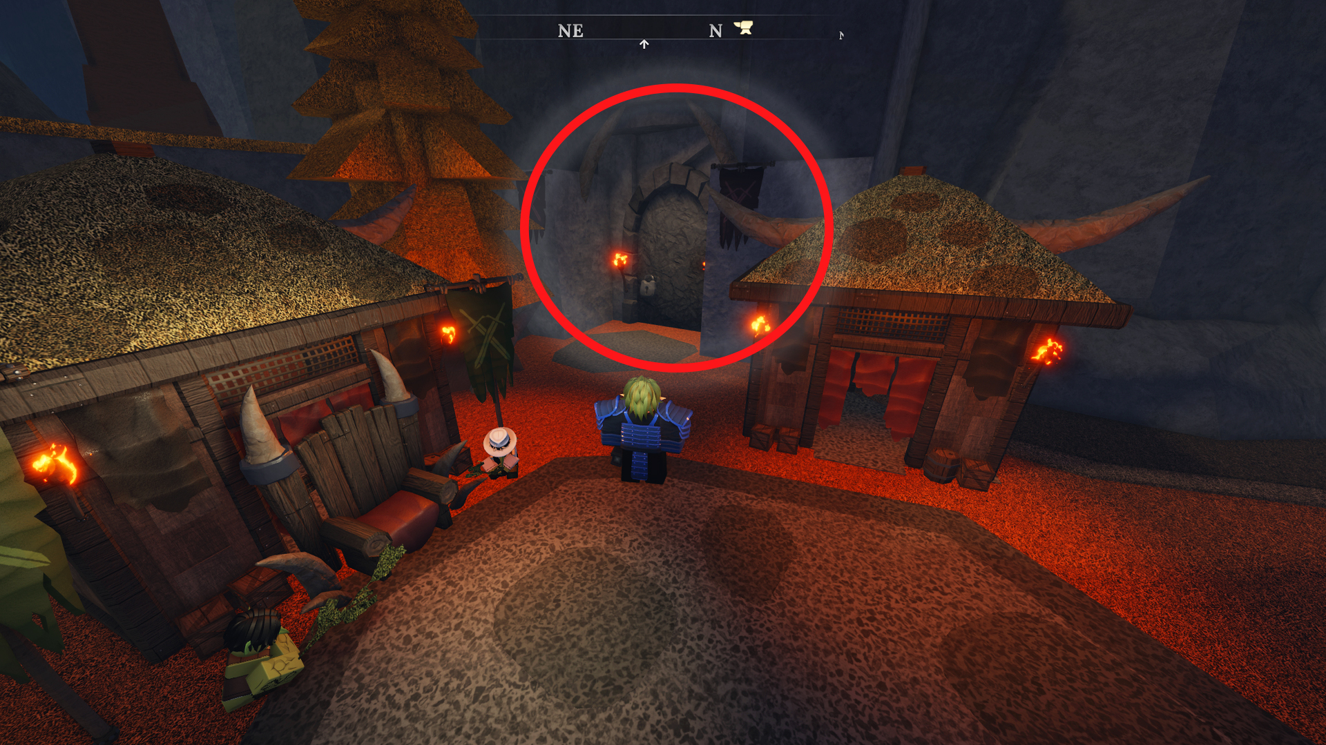 The entrance to the Goblin Cave in The Forge with a red circle highlighting the door. 