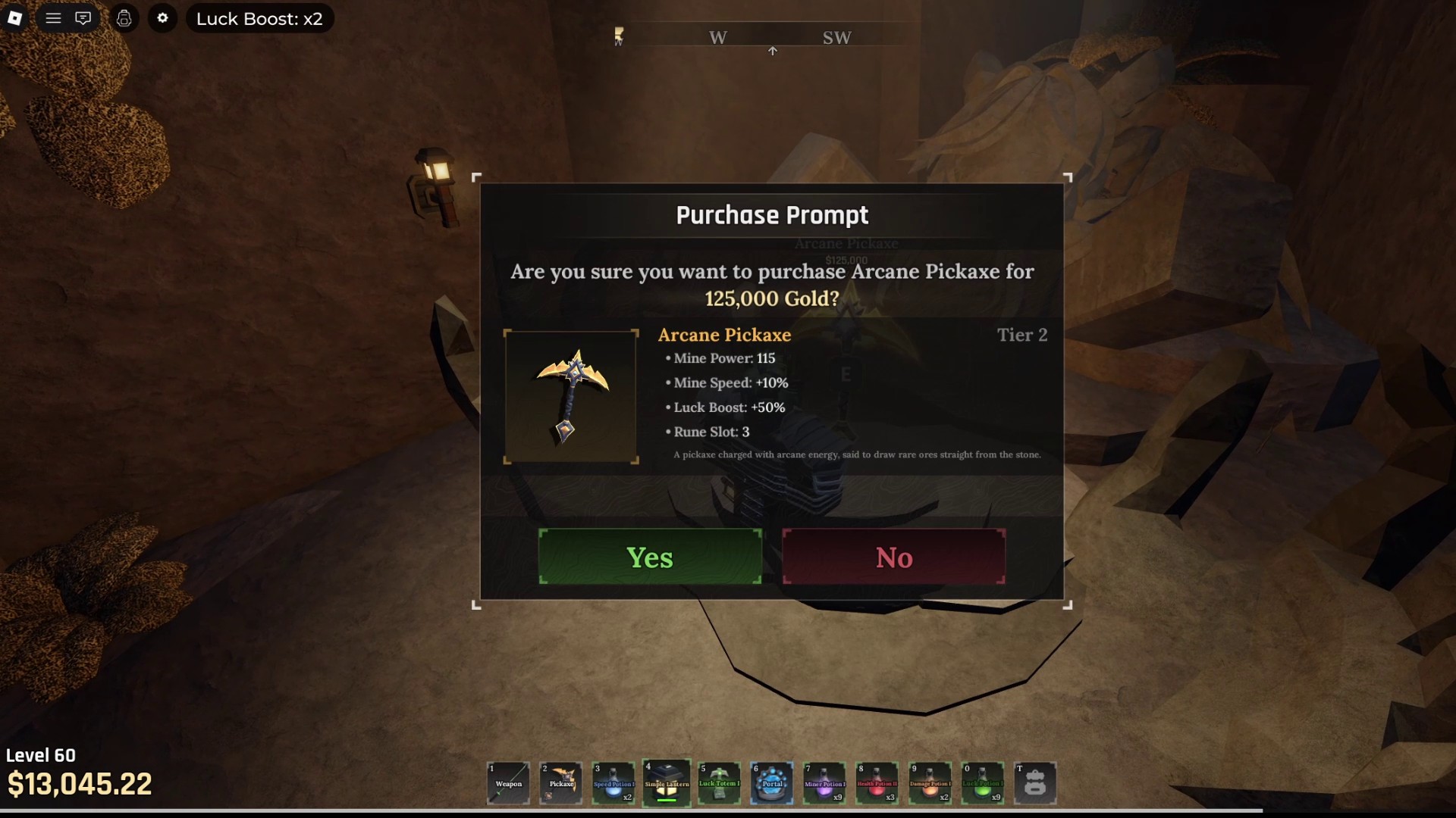 The Arcane Pickaxe menu in The Forge prompting the player to purchase it for $125,000. 