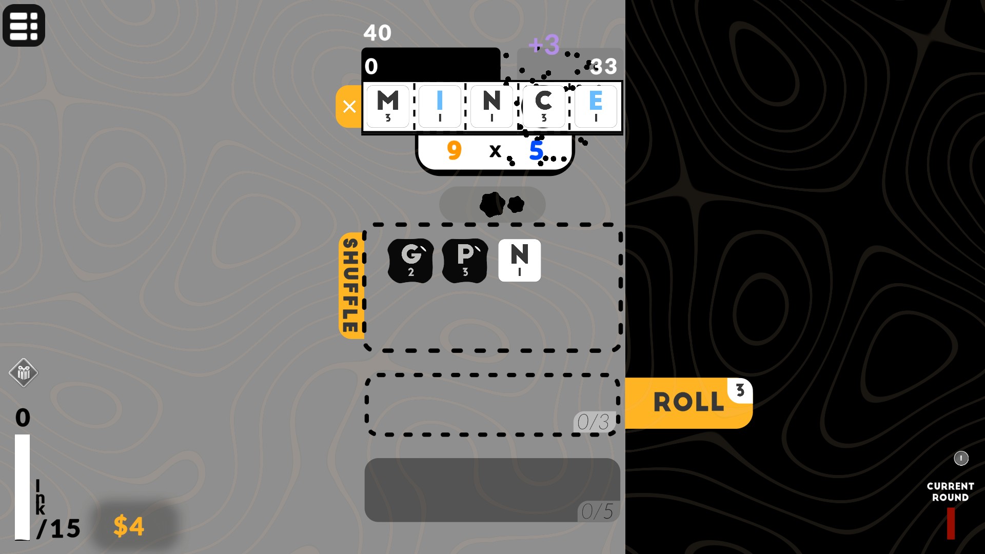 Spelling a word in Dicey Words.