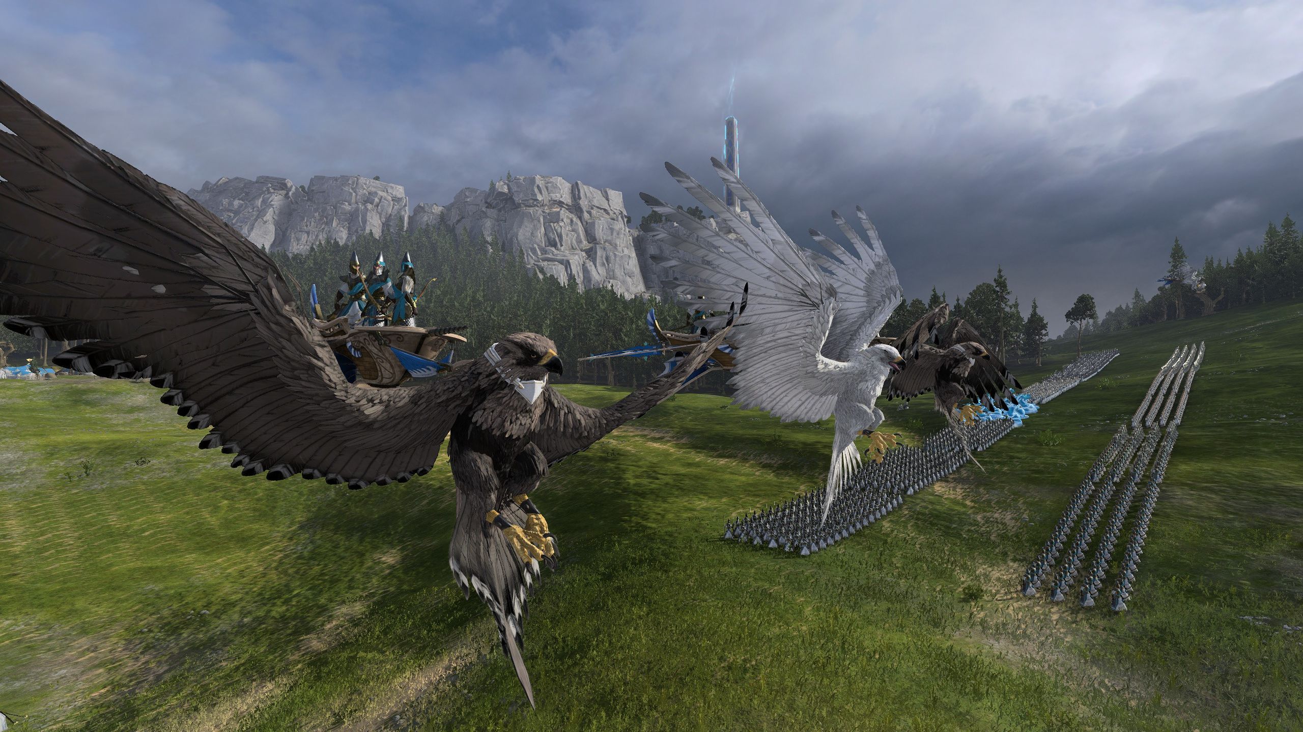 Elven chariots being pulled through the sky by giant birds.