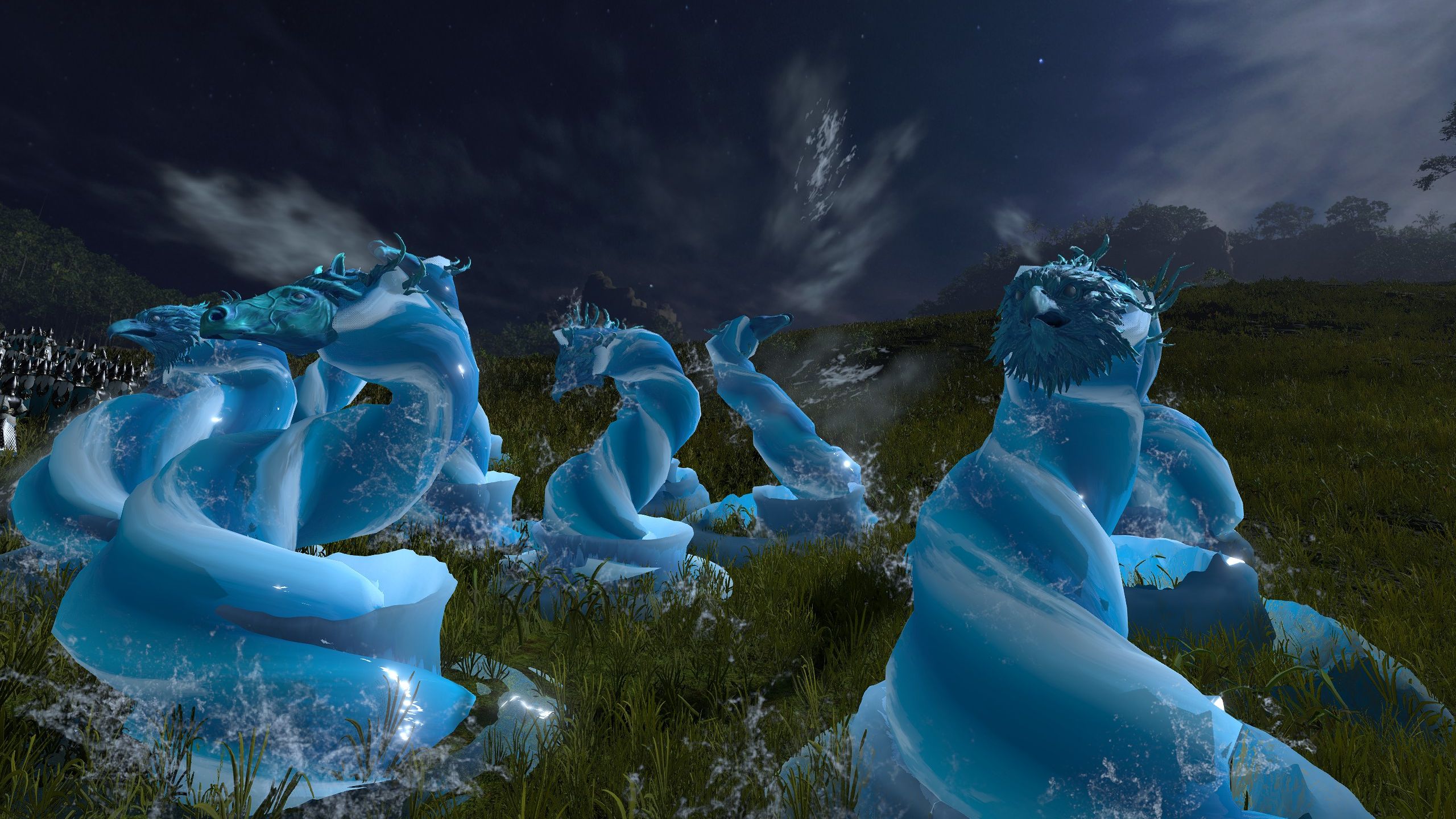 Oceanids, water elementals that look like blue tubes wearing animal masks