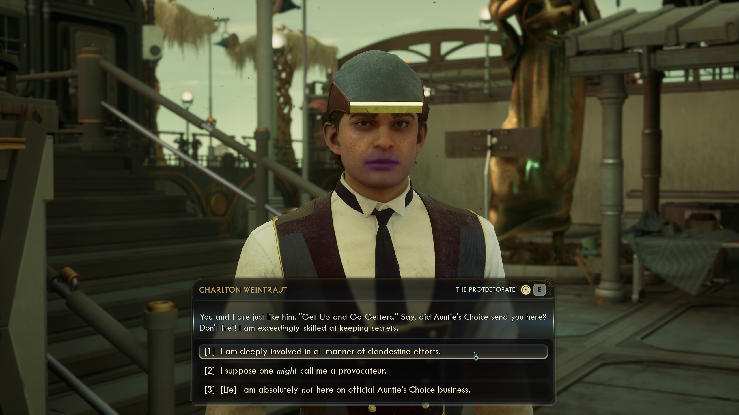 Man with purple-stained lips in conversation in The Outer Worlds 2