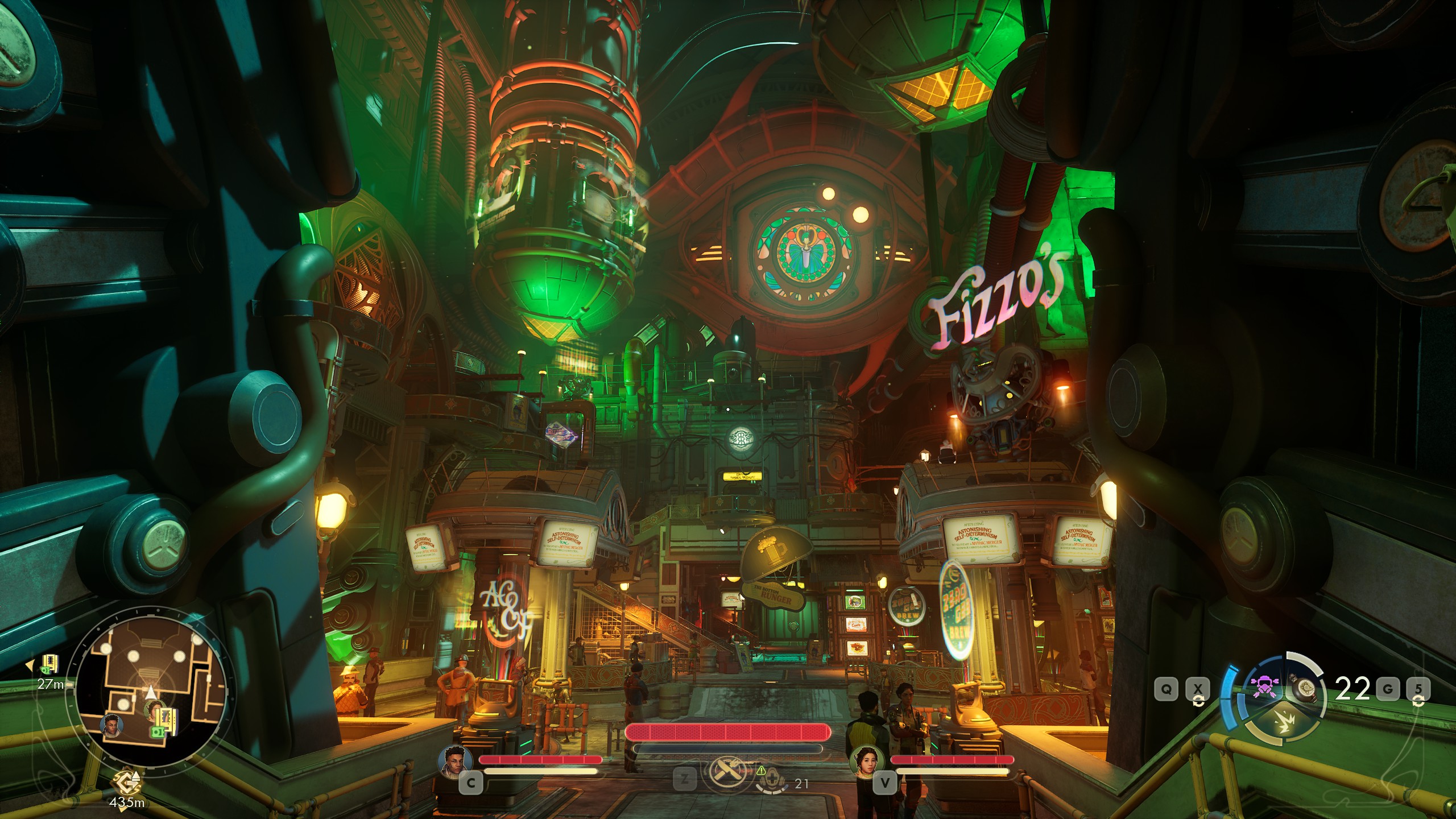 View of advertisement-strewn spaceship interior in The Outer Worlds 2