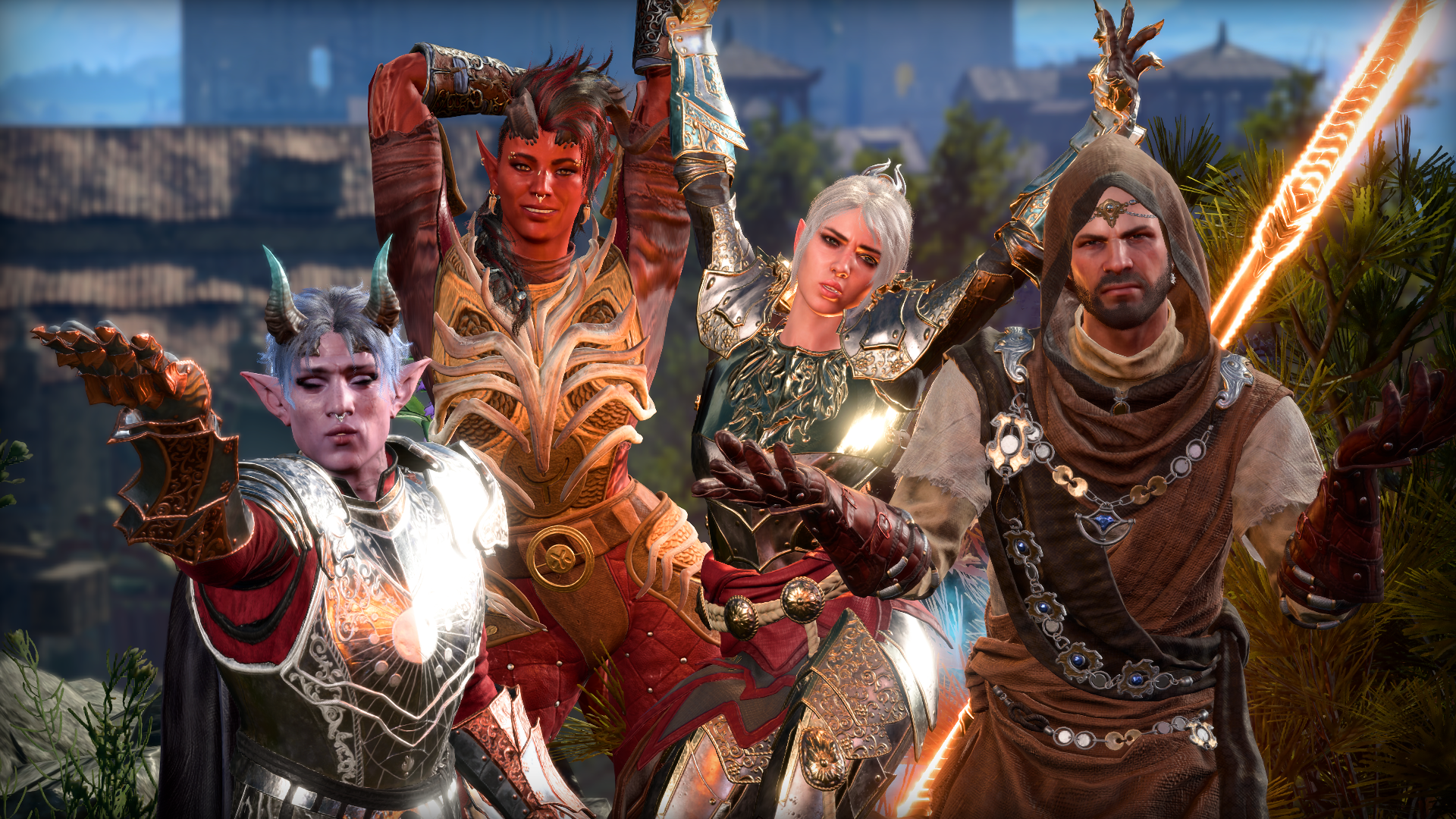 An assembled group of adventurers posing for a photo in Baldur's Gate 3.