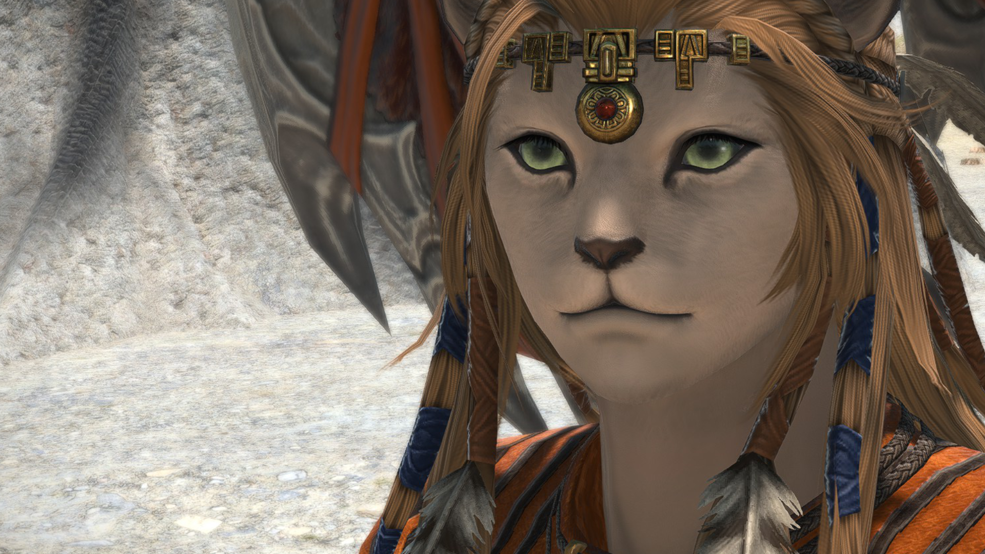 Wuk Lamat, a character in Final Fantasy 14: Dawntrail, stares in an unimpressed manner.
