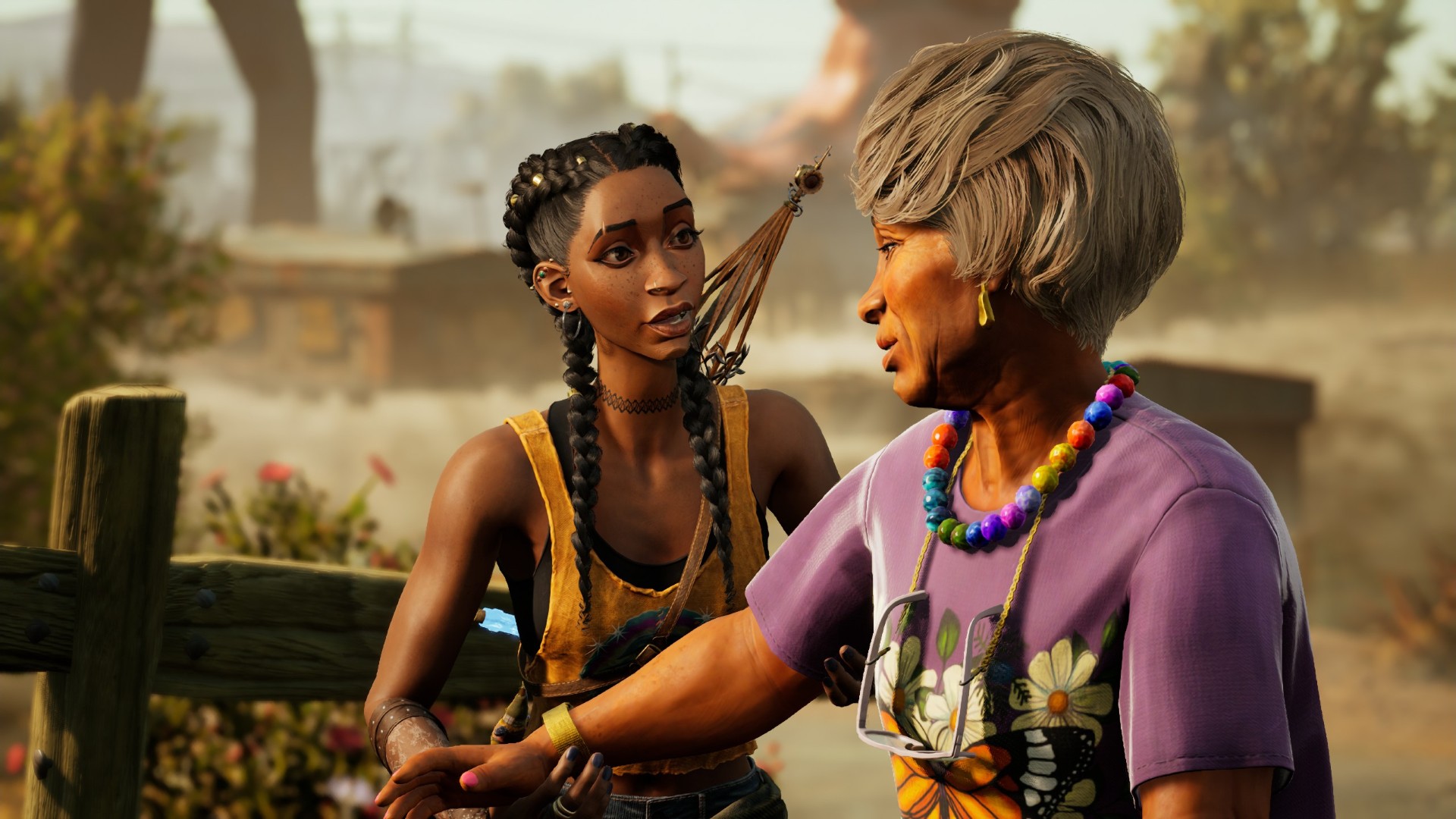 Hazel guiding an elderly neighbor to safety after a storm.