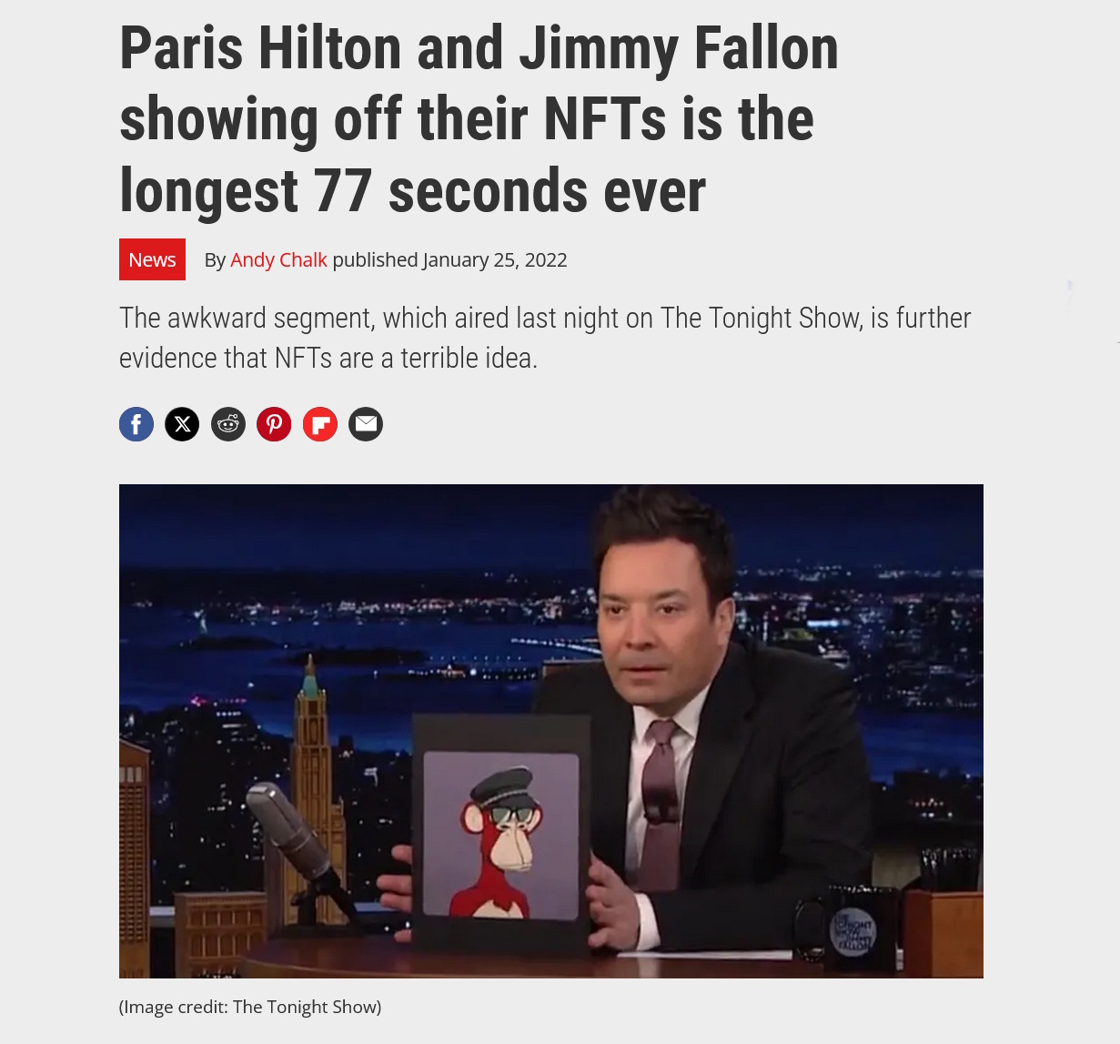 Paris Hilton and Jimmy Fallon showing off their NFTs is the longest 77 seconds ever.