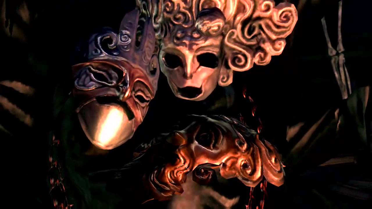 Three metal masks next to each other from Dark Souls boss Pinwheel.