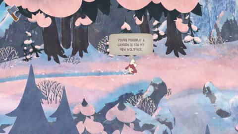 Moomintroll talking to the dog in Moomintroll: Winter's Warmth