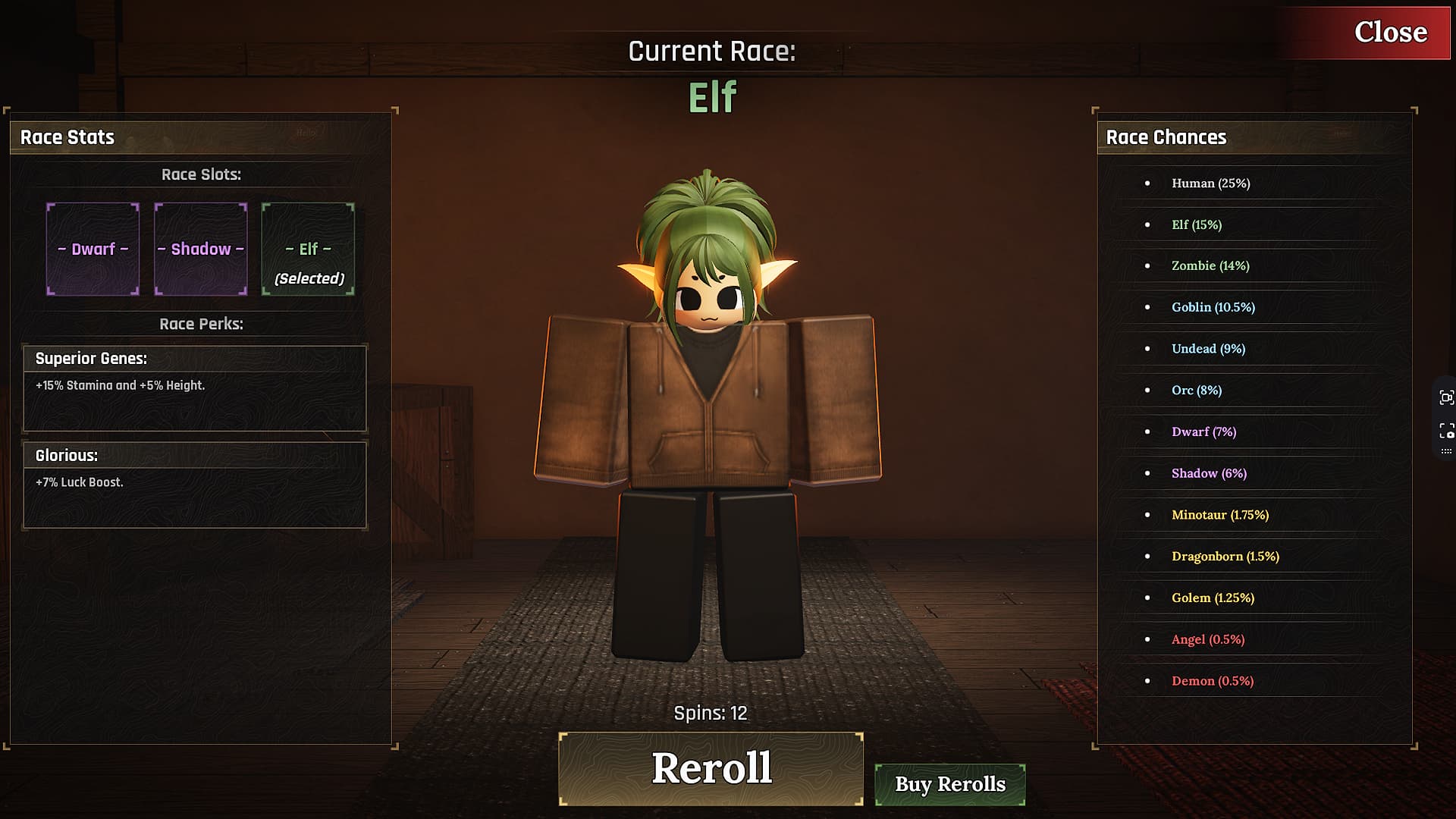 The Forge - Race reroll menu showing a player character with the Elf race equipped