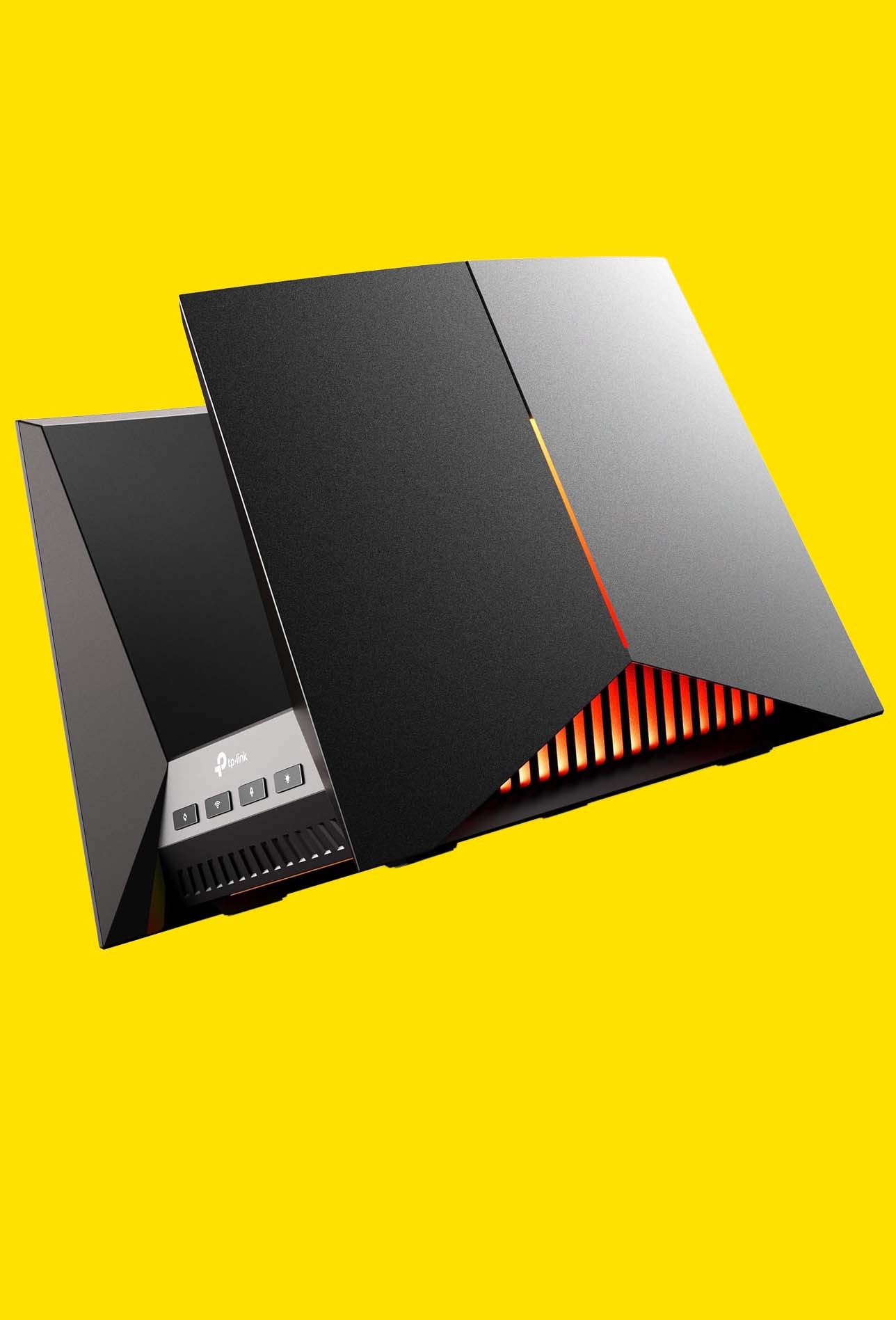 TP Link Archer GE800 gaming router on a yellow background