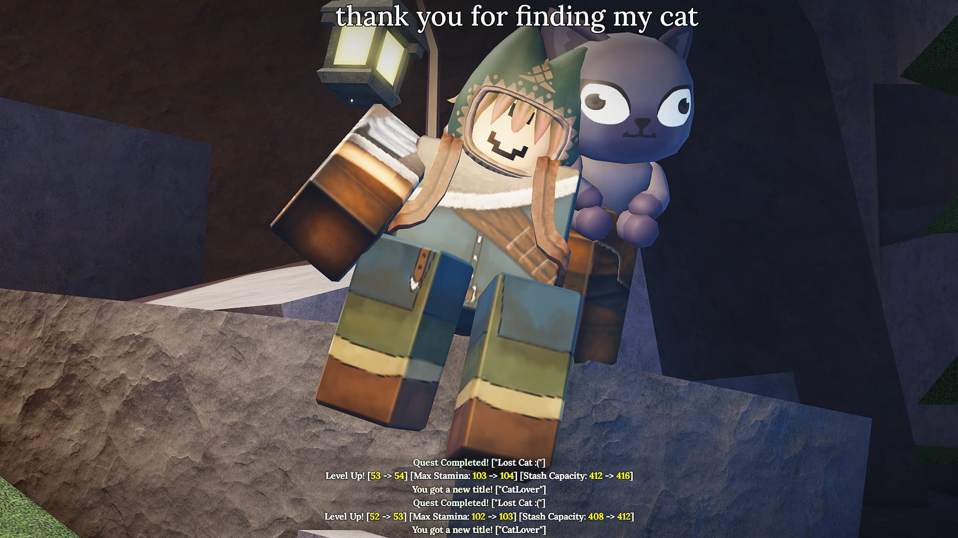 Tomo thanking The Forge player for finding his lost cat.