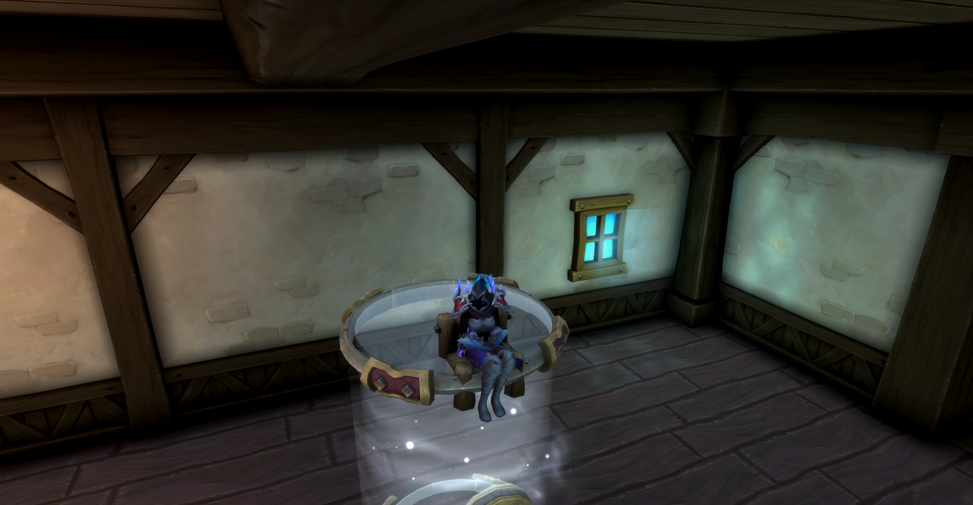 Several screenshots showing how to clip a chair into an object in World of Warcraft, allowing a player to be posed as if they are sitting on the object itself.